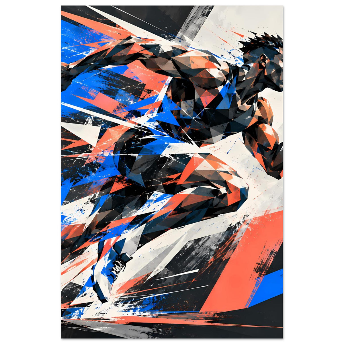 Dynamisches Hochformat-Poster mit abstrakter Sportlerfigur in Blau, Orange und Weiß
