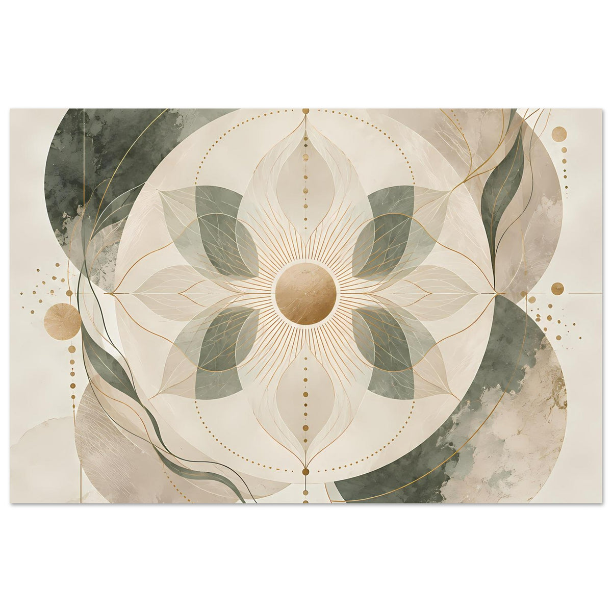 Zen-Poster im Querformat mit runder Mandala-Grafik: beiger Grund, grün, goldene Linien