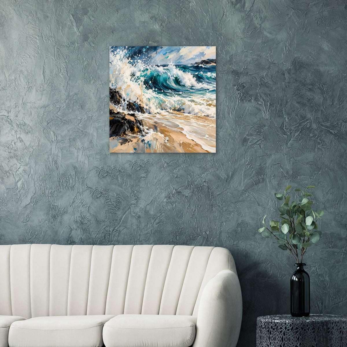 Meerwellen-Kunstposter mit türkisblauer Welle und Sandstrand, quadratisch, auf Papier