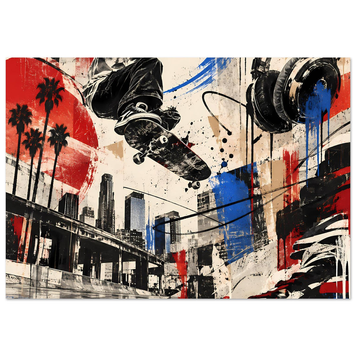 Wandposter mit Skater, große Farbflächen und Sprühtechnik in Rot, Blau, Schwarz