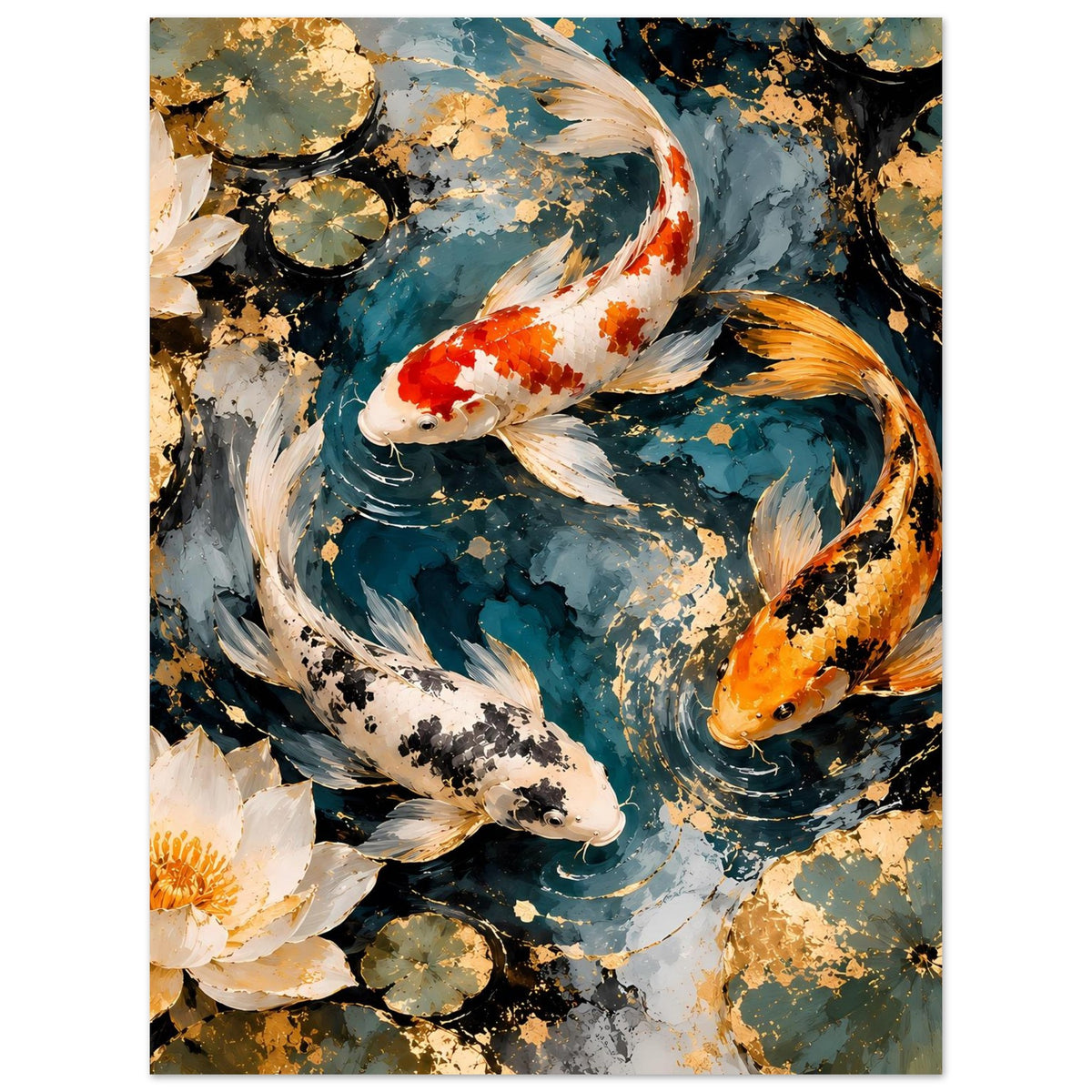 Kunstposter mit orange-goldenem Koi und blauem Teichmotiv, weiße Lotusblüten am Rand
