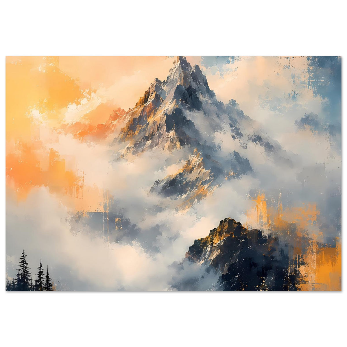 Poster mit Berglandschaft im Sonnenaufgang, dunkle Tannen am Rand, Orange-Blau-Akzente