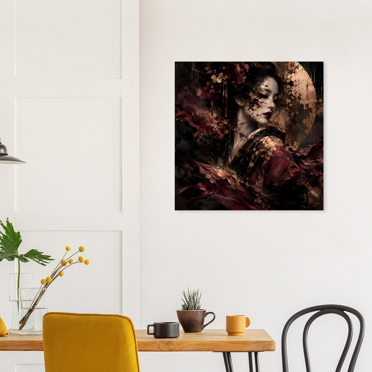 Kunstposter mit Frauengesicht und Blütenformen in Bordeaux, Schwarz & Gold, schwarz gerahmt