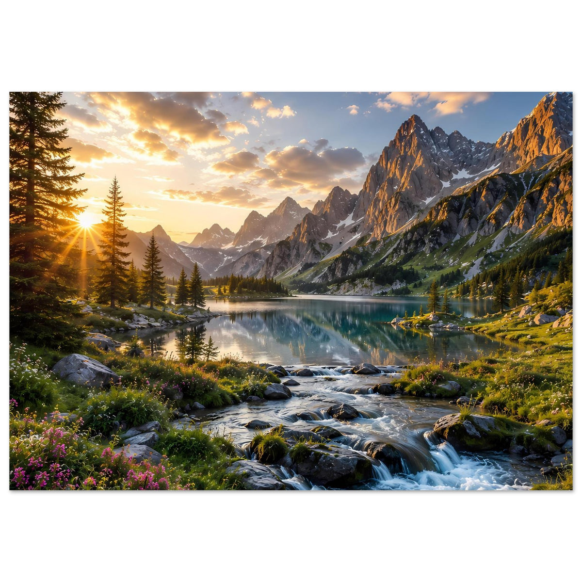 Querformat-Landschaftsposter mit Sonnenaufgang, Alpenbergen, spiegelndem See und Bachlauf
