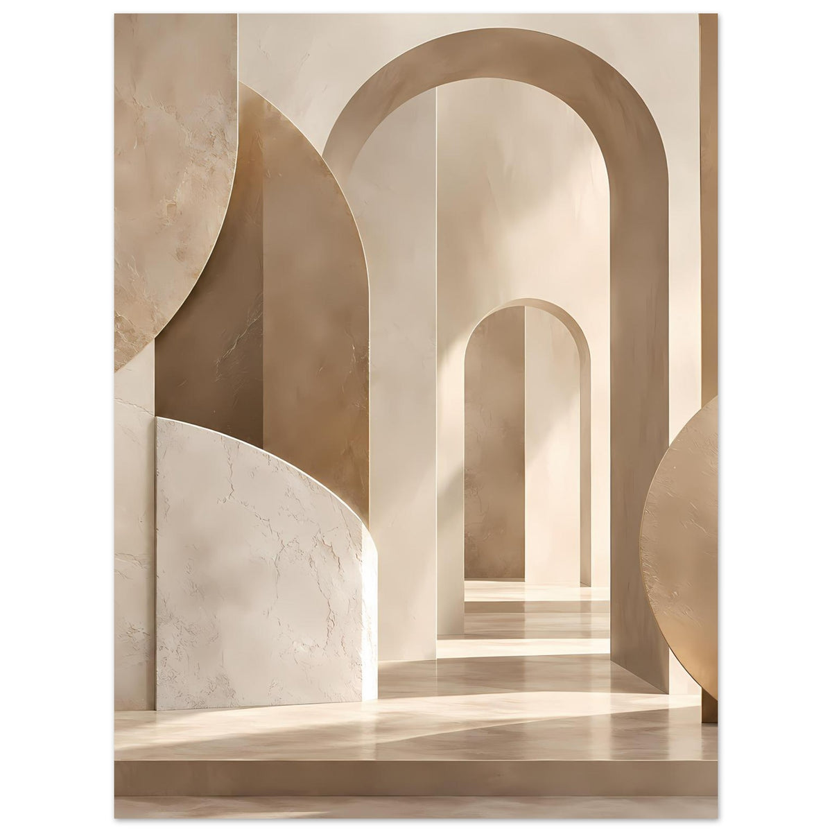 Kunstposter mit beigen Rundbögen und marmorierten Flächen, warmes abstraktes Architekturmotiv