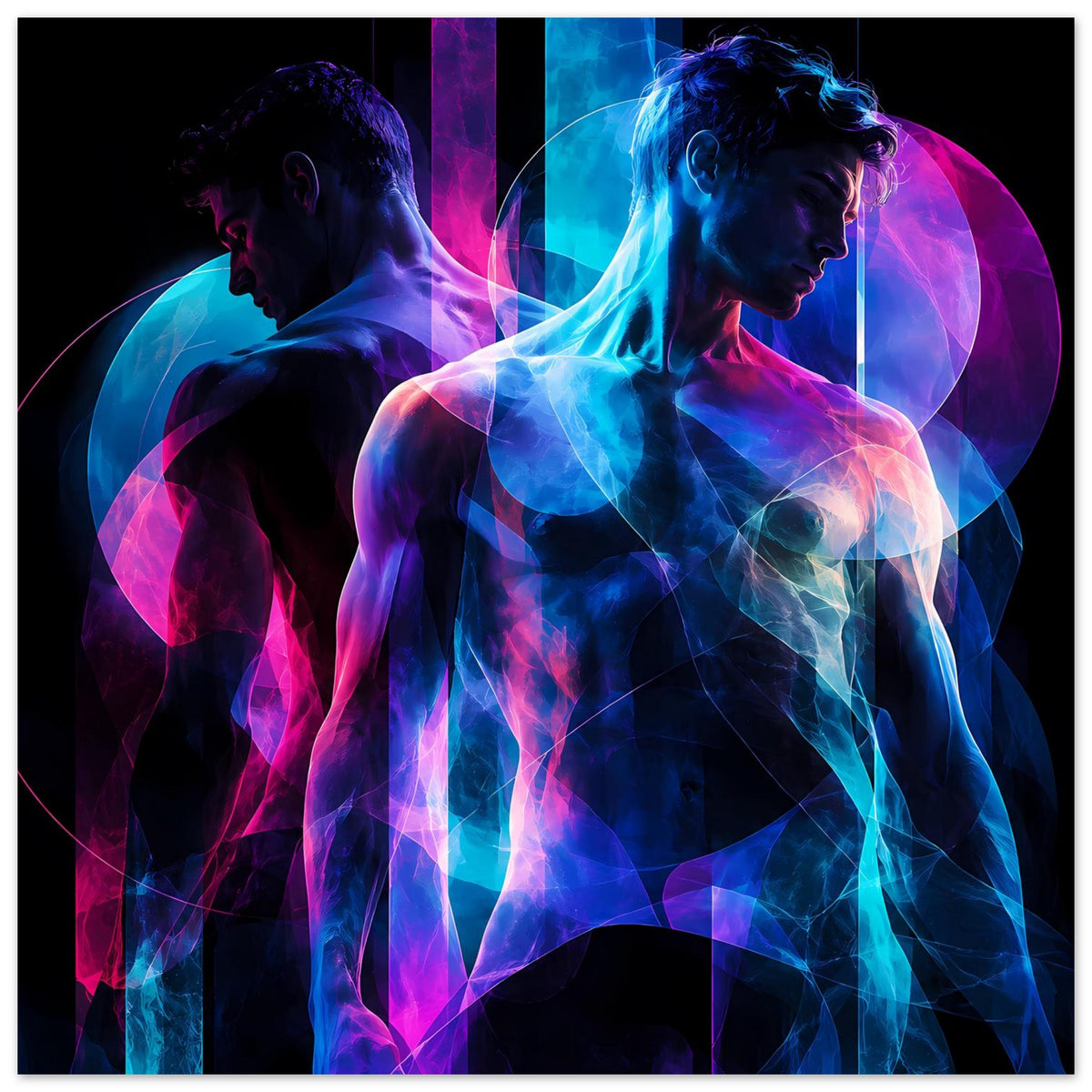 Kunstposter mit neonabstraktem Doppelportrait, Profilfiguren mit Neonlicht in Blau und Pink