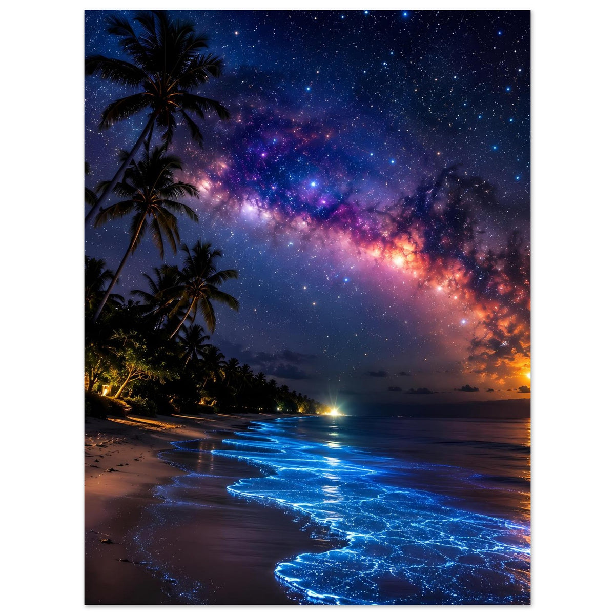 Poster tropischer Nachtstrand: Palmen, blaue Wellen im Wasser, Milchstraße am Himmel