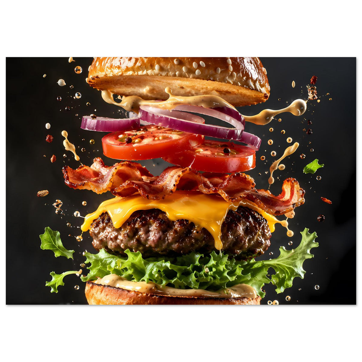Burger-Explosions-Poster im Querformat: saftiger Burger mit Käse, Bacon, Tomaten, Salat