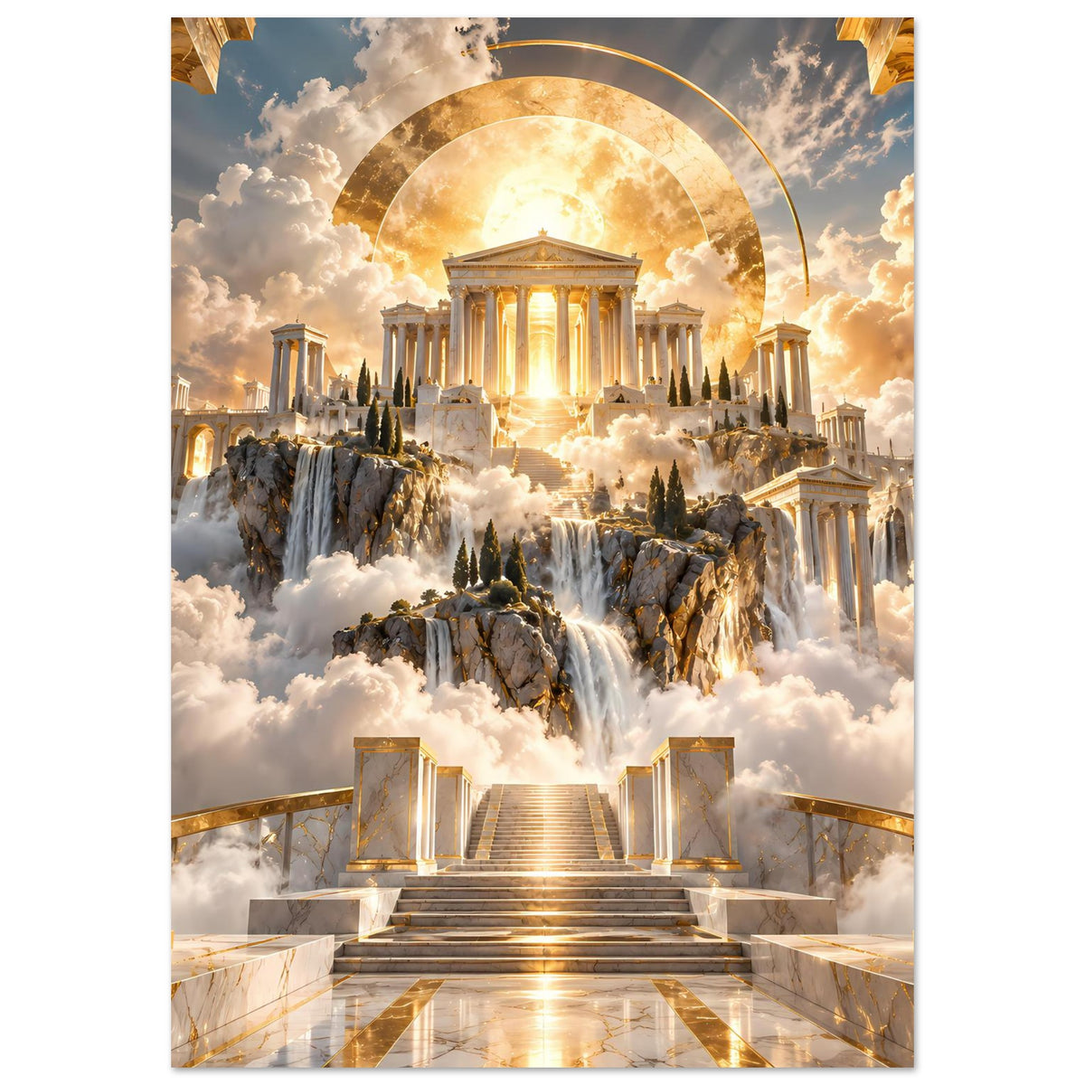 Hochformat-Poster mit antikem Tempel, goldener Lichtkugel im Bogen und Wasserfall-Motiv