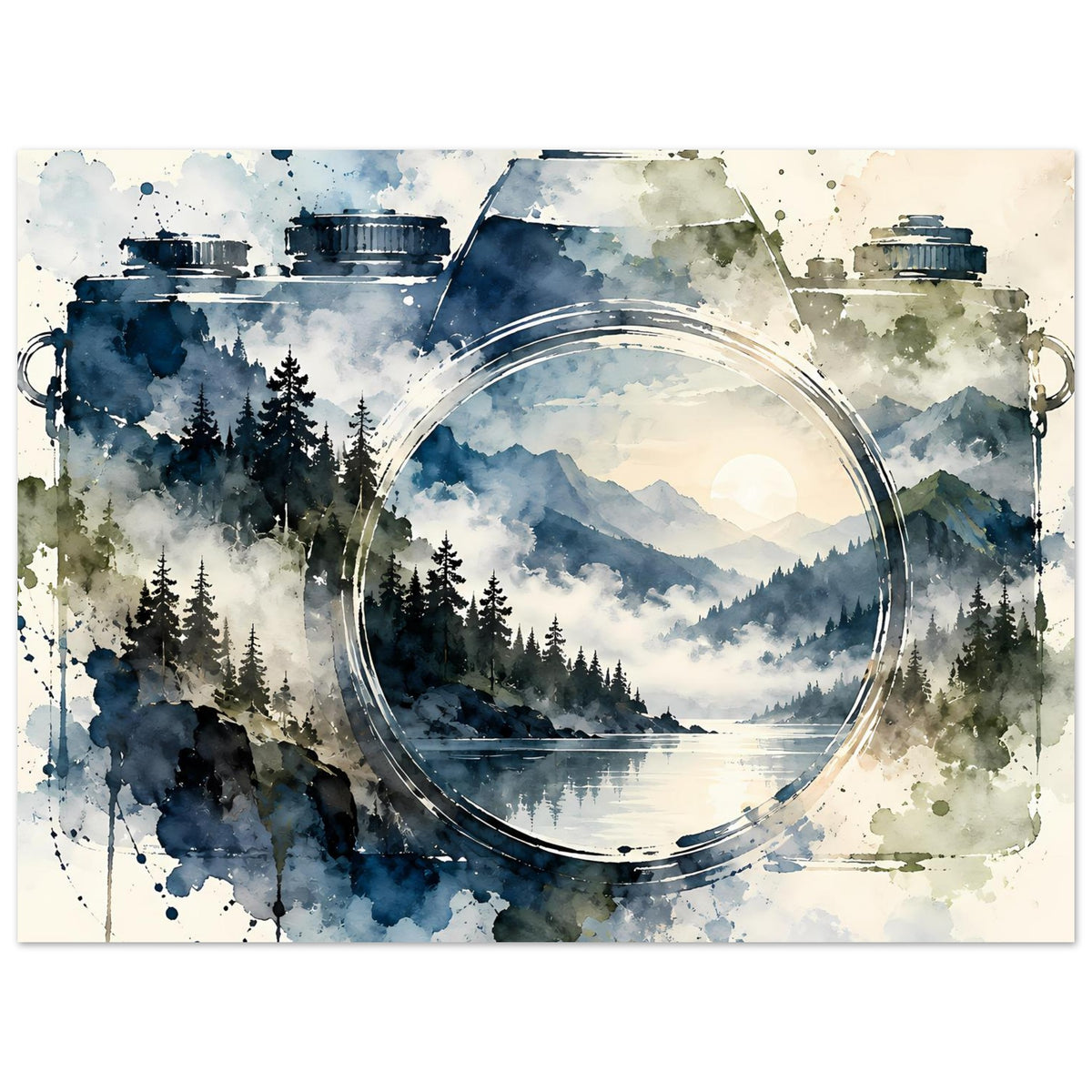 Querformatiges Aquarell-Poster mit Vintage-Kamera, Rundfenster und Berglandschaft im Kreis