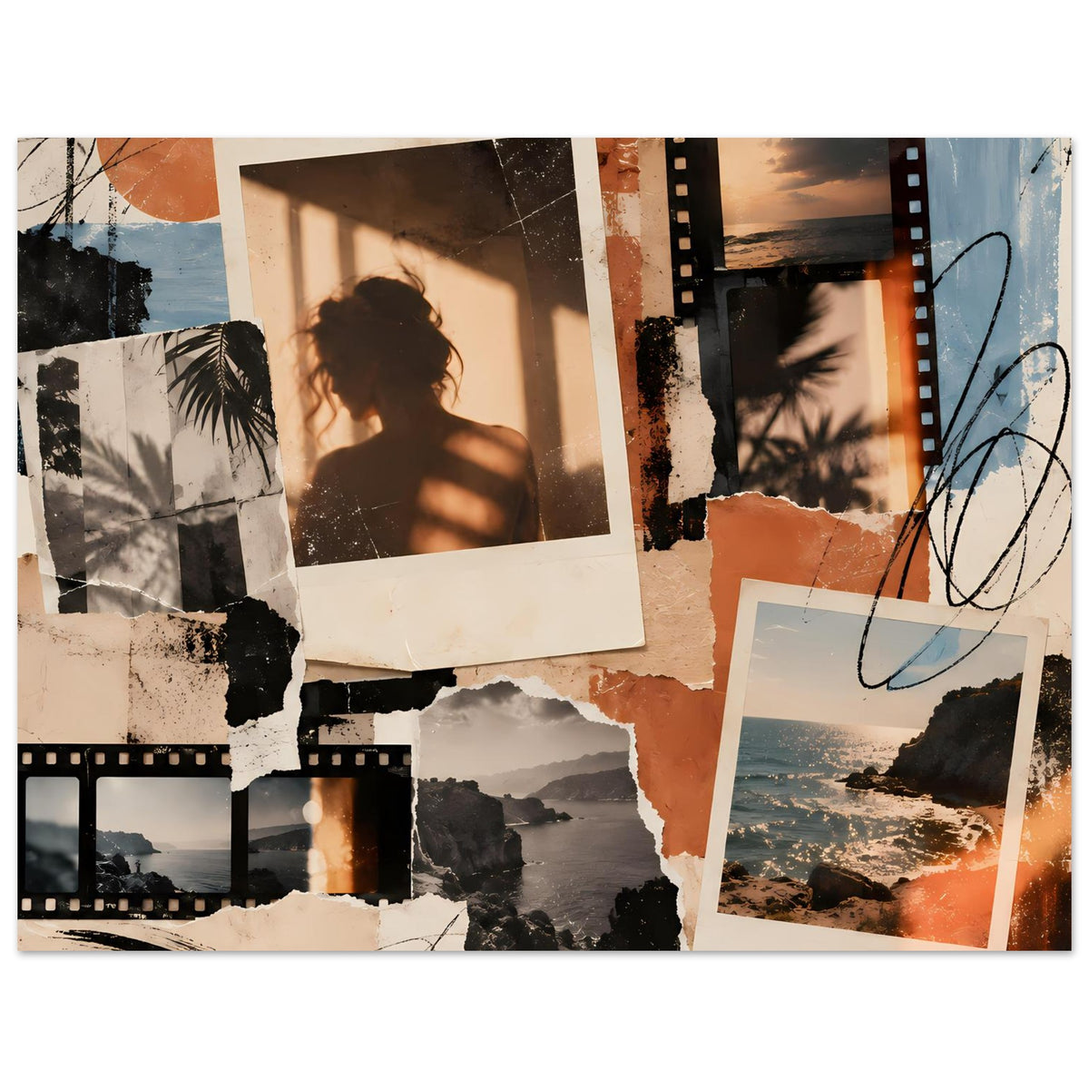 Vintage Memories Collage-Poster mit Fotocollage, Filmstreifen, Strandblick und Polaroidrahmen