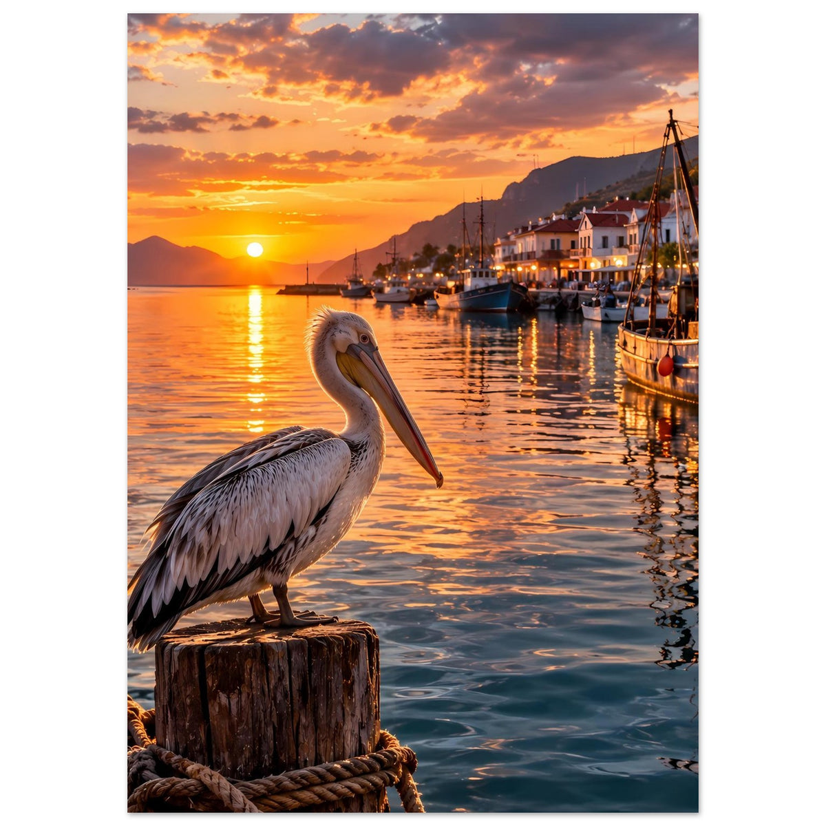 Premium-Poster: Pelikan auf Holzpfahl, warmes Licht am Hafen bei Sonnenuntergang