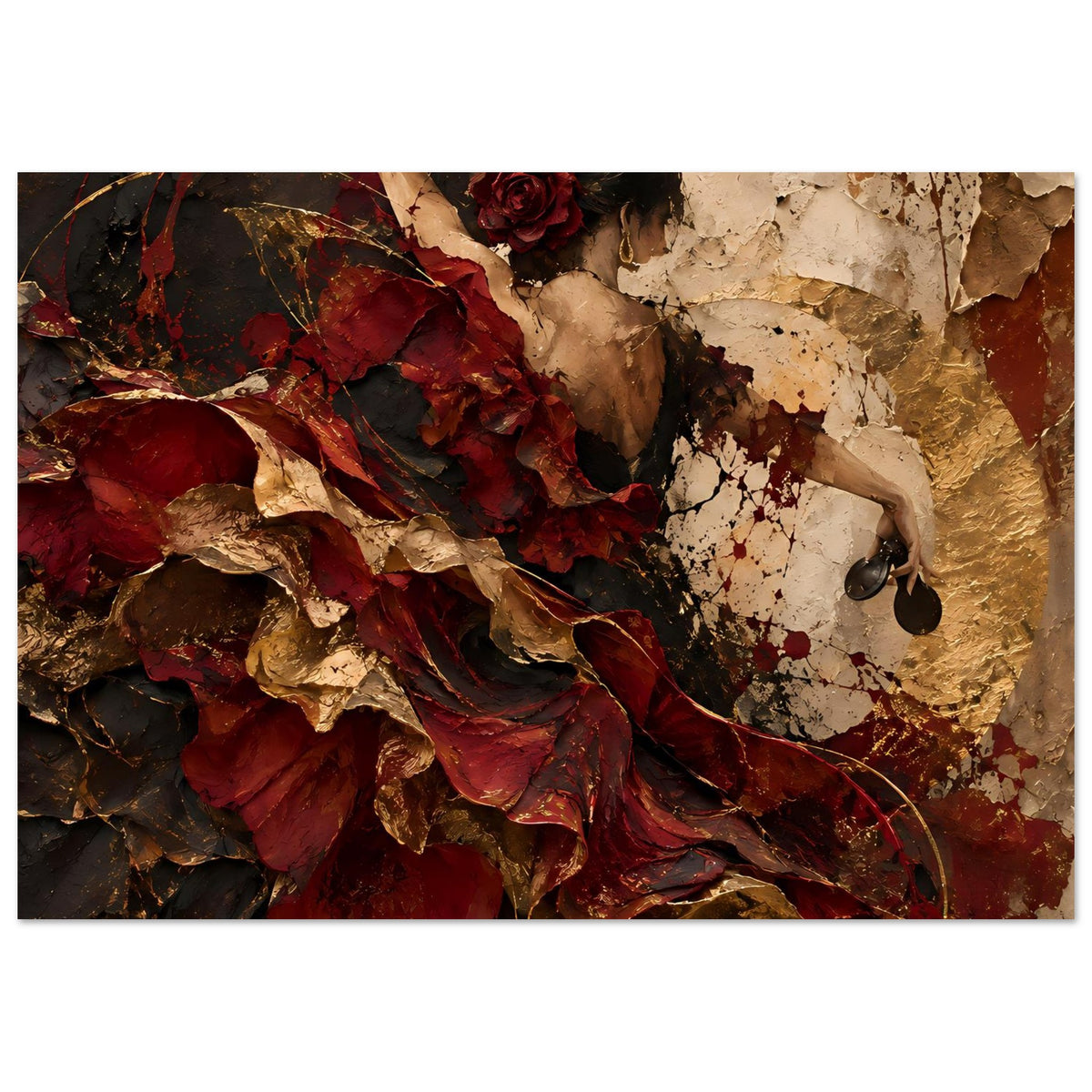 Wandkunstposter im Panorama: Frauengesicht mit rotem Rosenmotiv, rotes Kleid und goldbraune Partien
