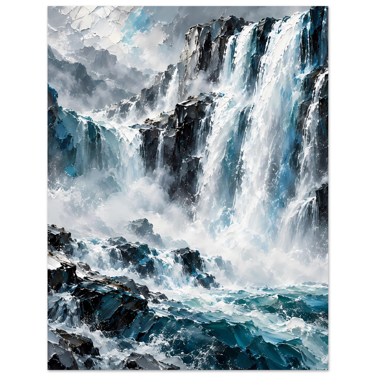 Wasserfall-Poster, Hochformat: weiße Wasserströme, dunkle Gesteinskanten und blaues Meer