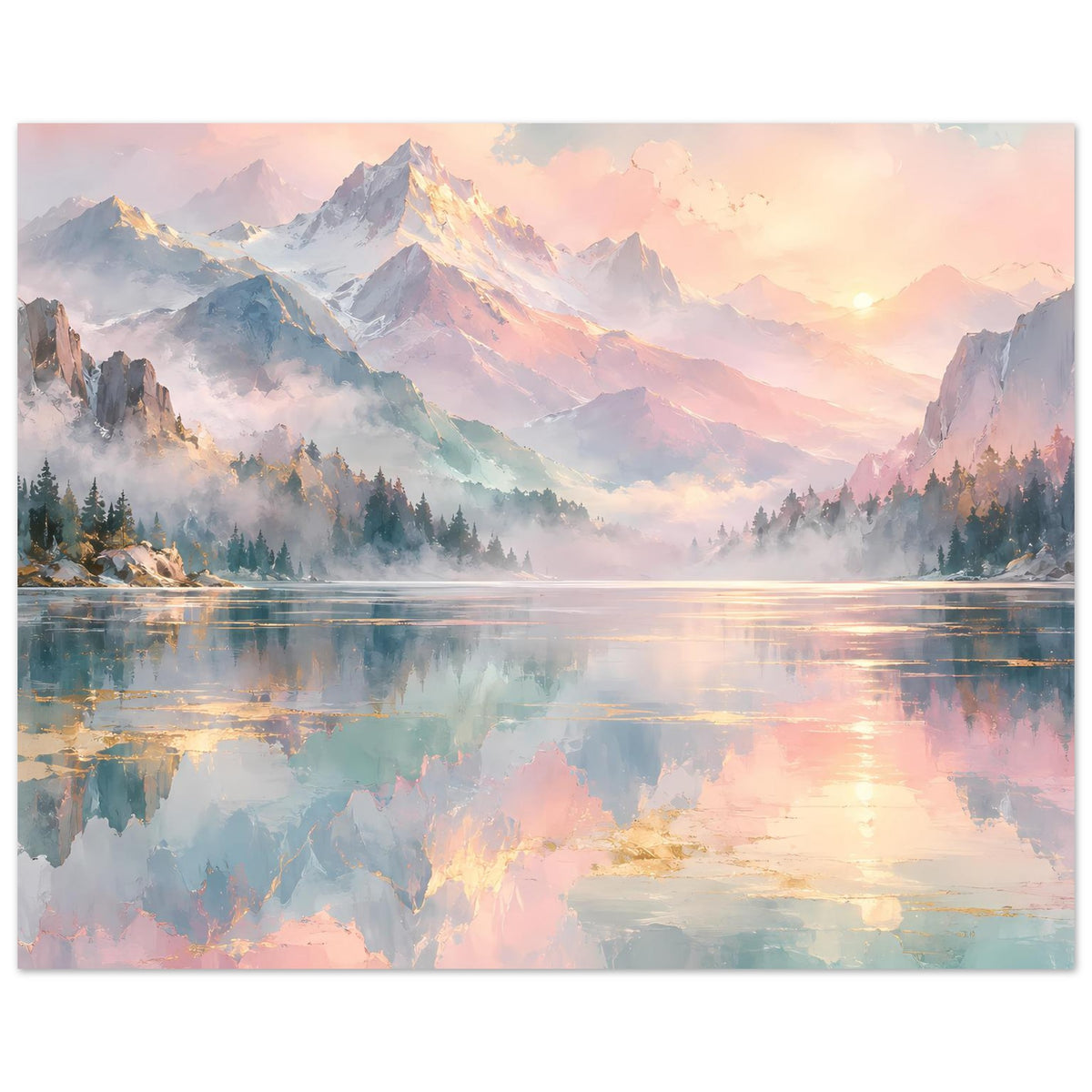 Poster (horizontal) mit Berggipfeln, Wald und reflektierendem See in Pastelltönen