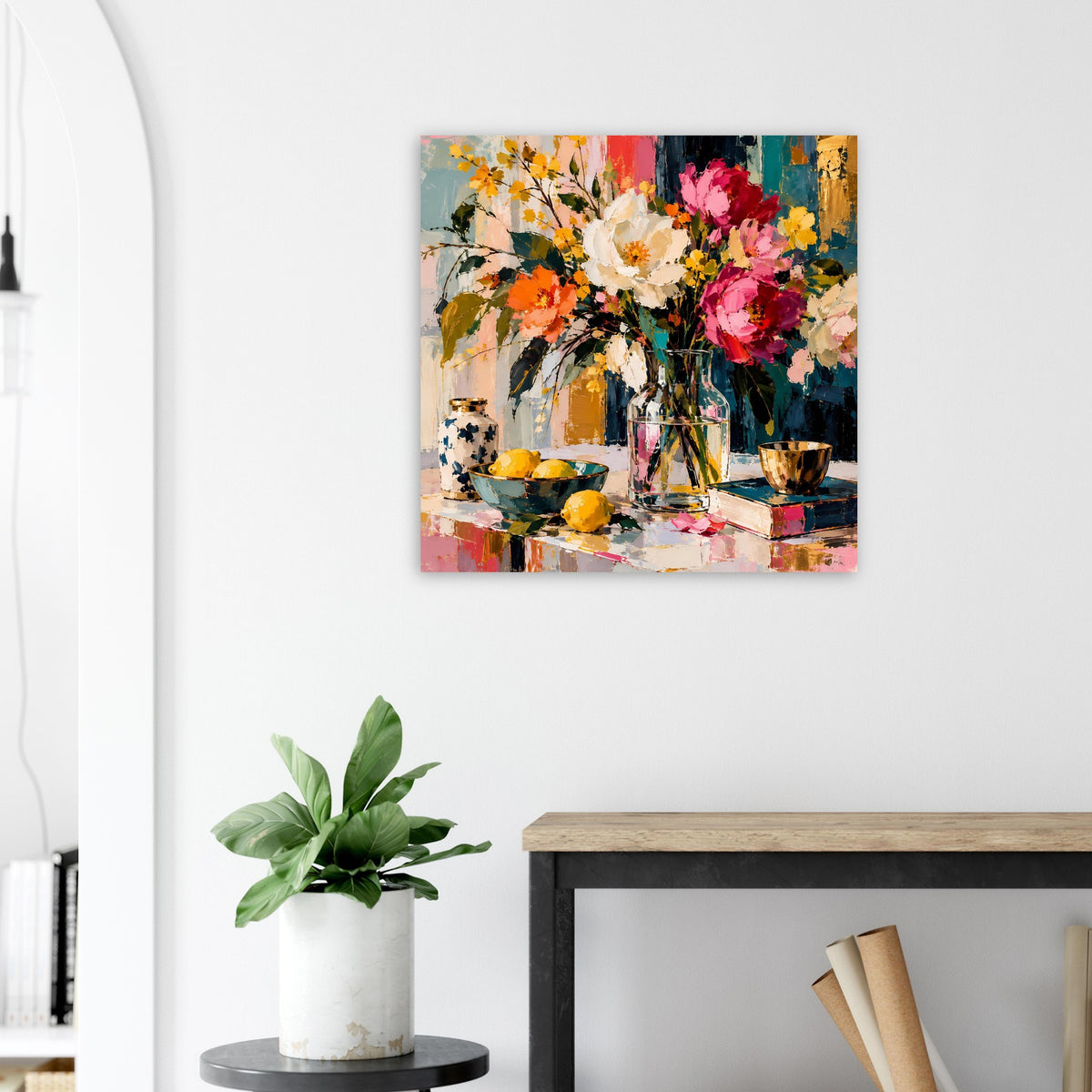 Buntes Floral-Stillleben-Poster im Rahmen an weißer Wand neben Konsole