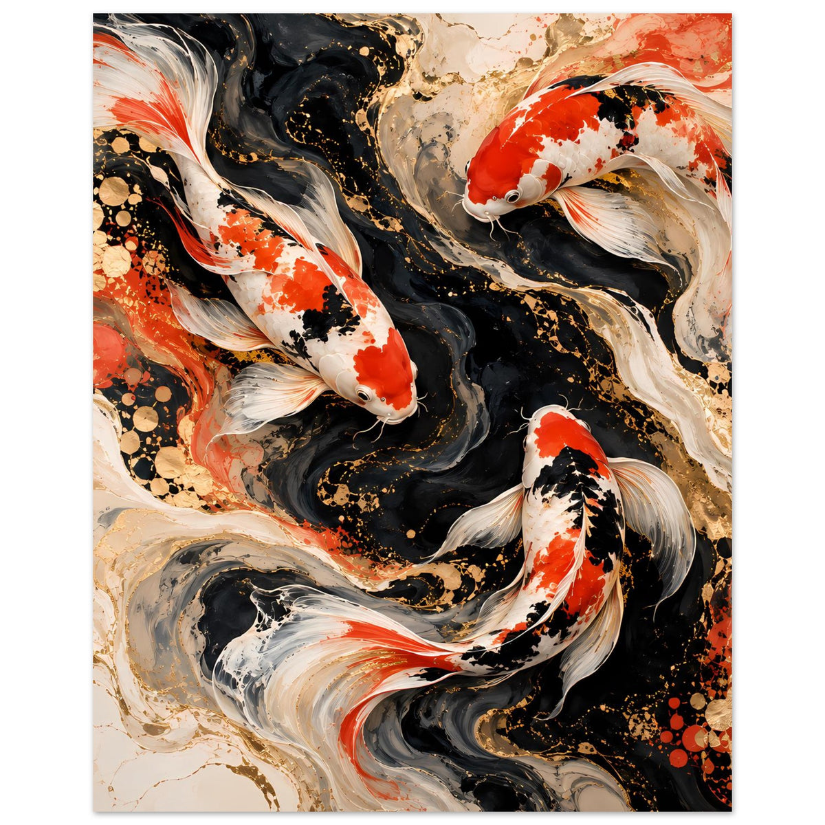 Kunstposter mit Koi-Fischen in Schwarz und Weiß mit roten Akzenten, abstrakte Wirbel, Hochformat