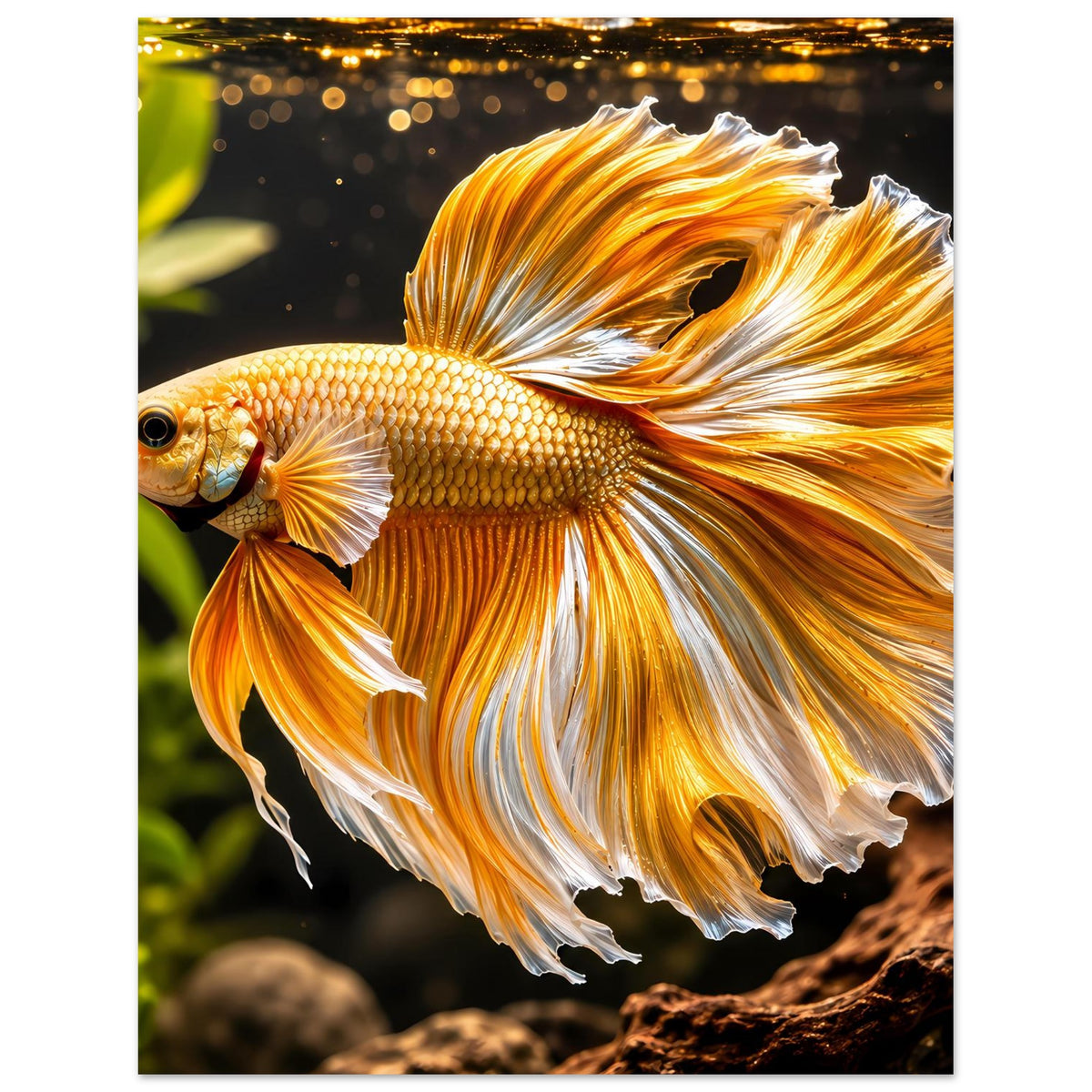 Poster mit goldener Betta-Fischillustration, bunter Körper und lange Schwanzflosse