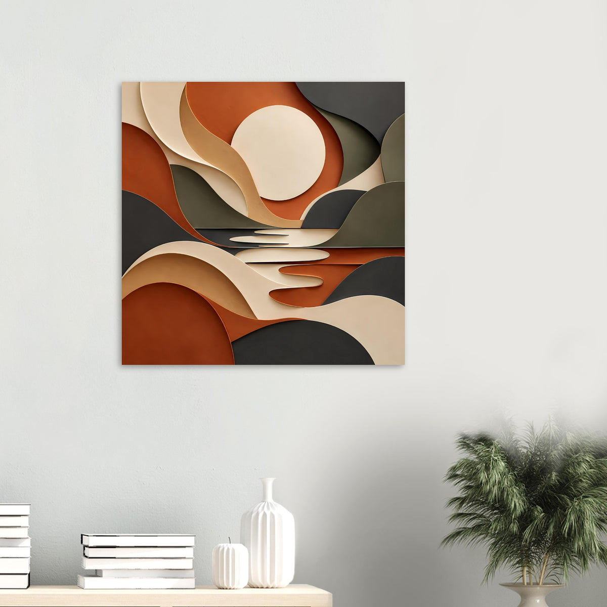 Kunstposter mit abstrakten Farbströmen in Terrakotta, Salbeigrün, Creme und Dunkelgrau