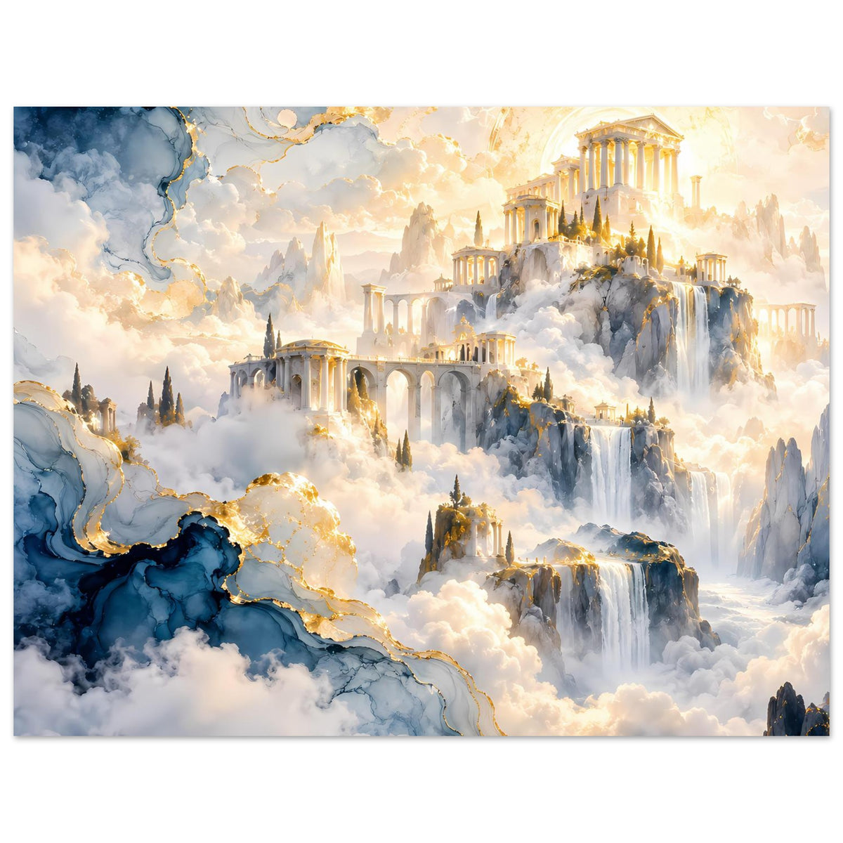 Horizontales Poster mit Tempelbauten über Wolken, goldenen Akzenten, Wasserfällen und blauen Bereichen