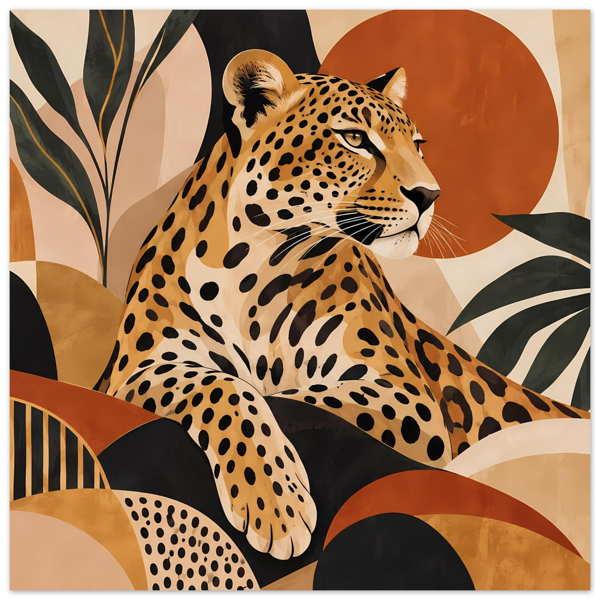 Leopard-Tierposter im Boho-Look mit braunem Fell, schwarzen Flecken, Blick nach rechts