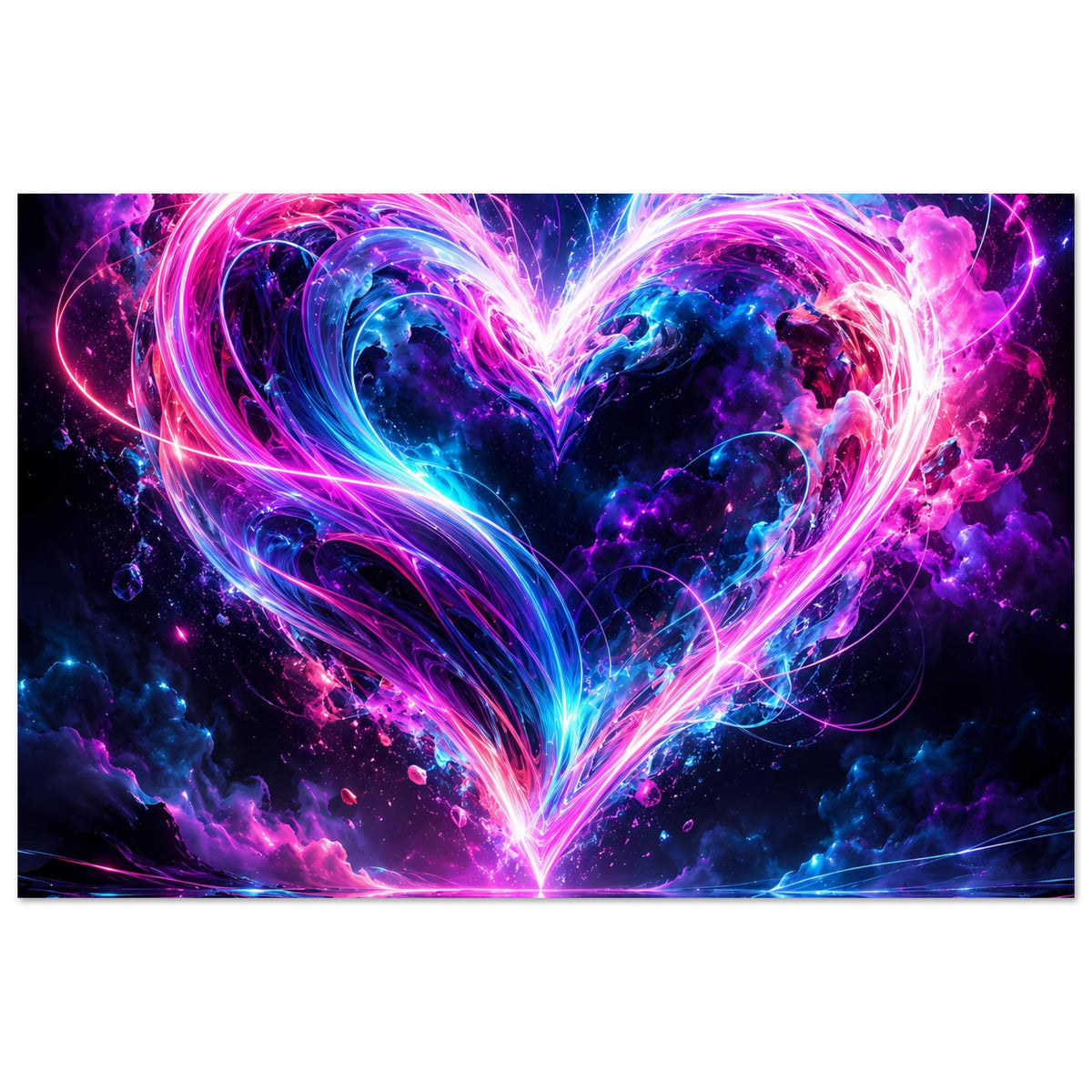 Modernes Kunstposter mit leuchtendem Neonherz in Pink und Blau, horizontal
