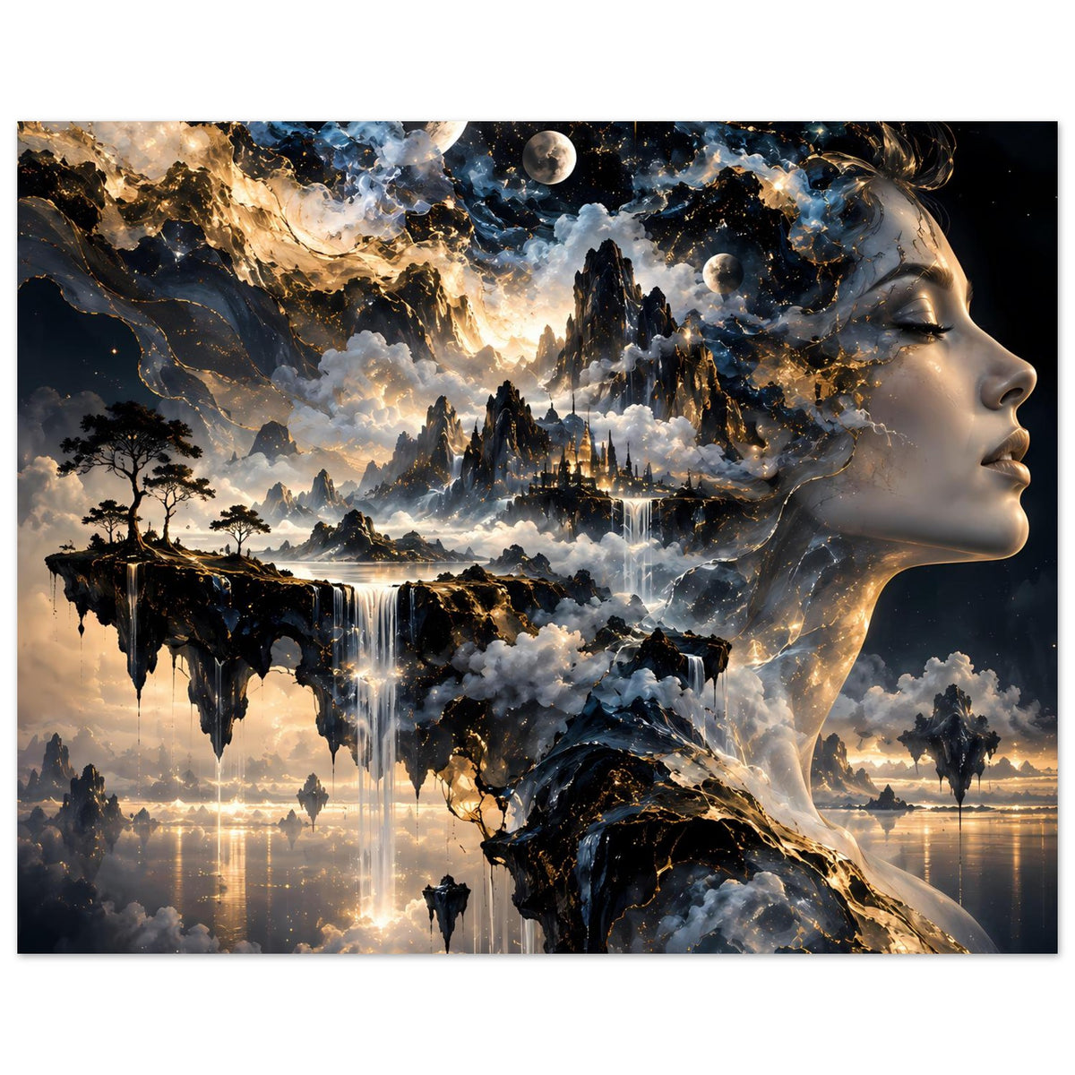 Surreales Poster mit Frauenprofil und kosmischer Traumlandschaft, Monde und Wasserfälle