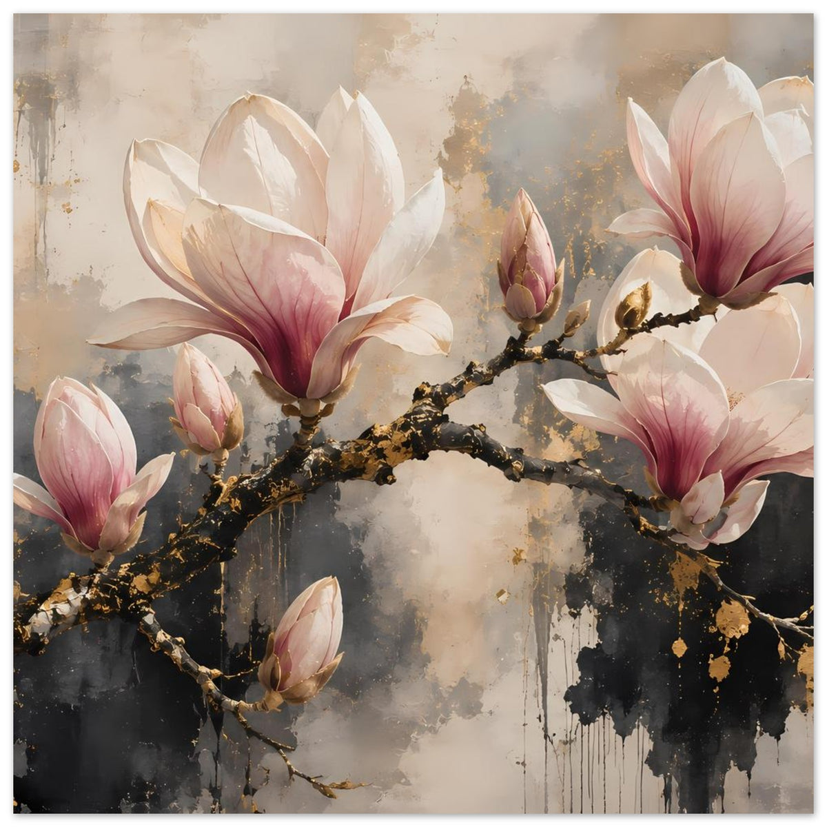 Magnolien-Blütenposter mit großen rosa-weißen Blüten, goldenen Ästen und dunklen Spritzern