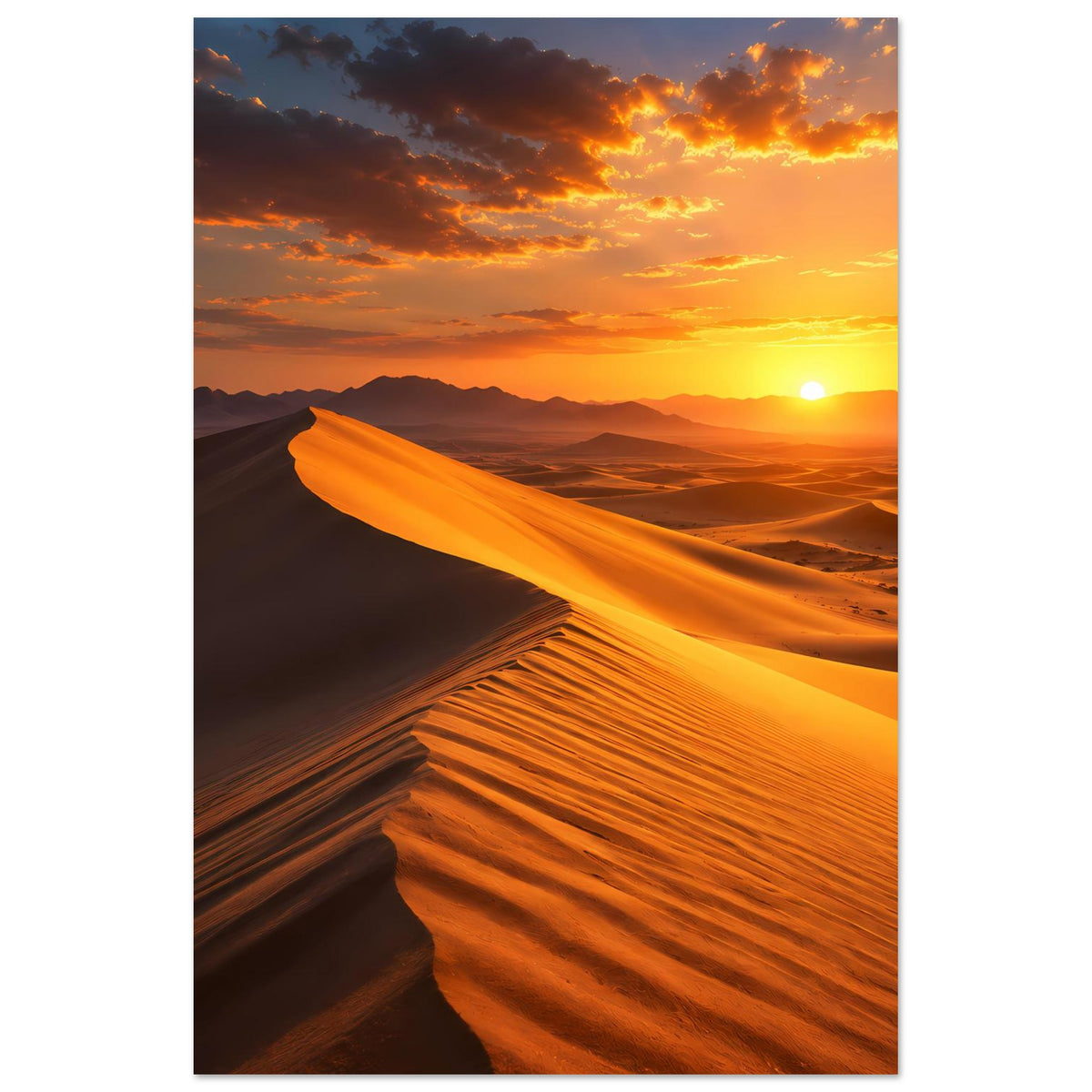 Vertikales Wüstenlandschafts-Poster mit Dünen und Abendsonne am Horizont