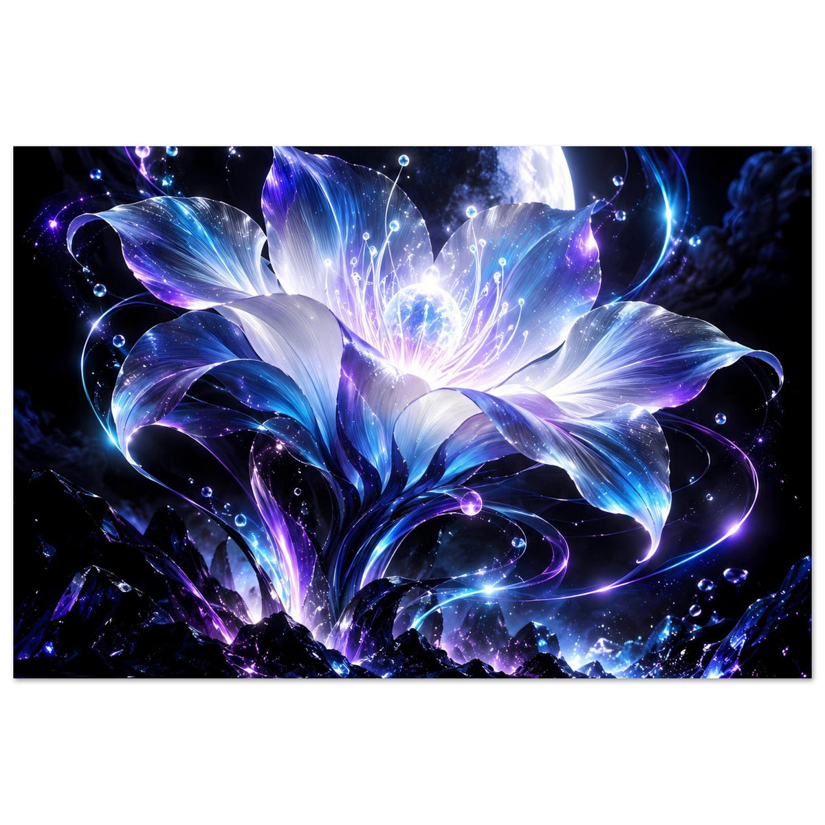 Querformatiges Poster mit Mondsichel, leuchtenden Fantasy-Blüten und Wasserreflexion in Blau-Violett
