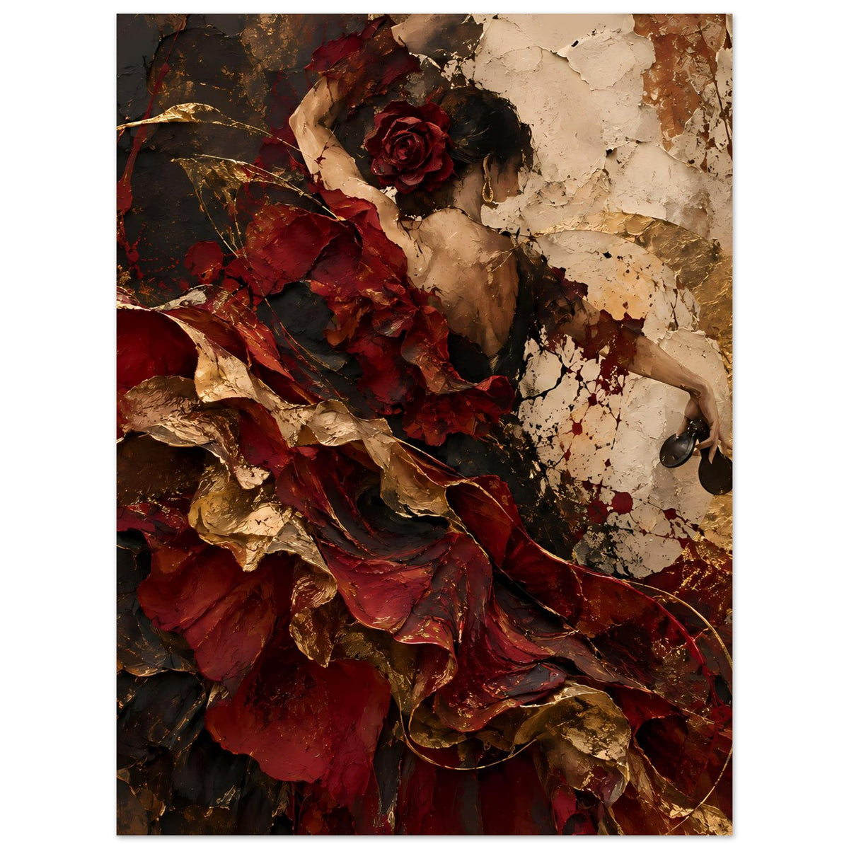 Wandkunst-Poster mit weiblicher Figur, roter Rose, gebrochener Wandtextur und rot-goldbraunen Farben