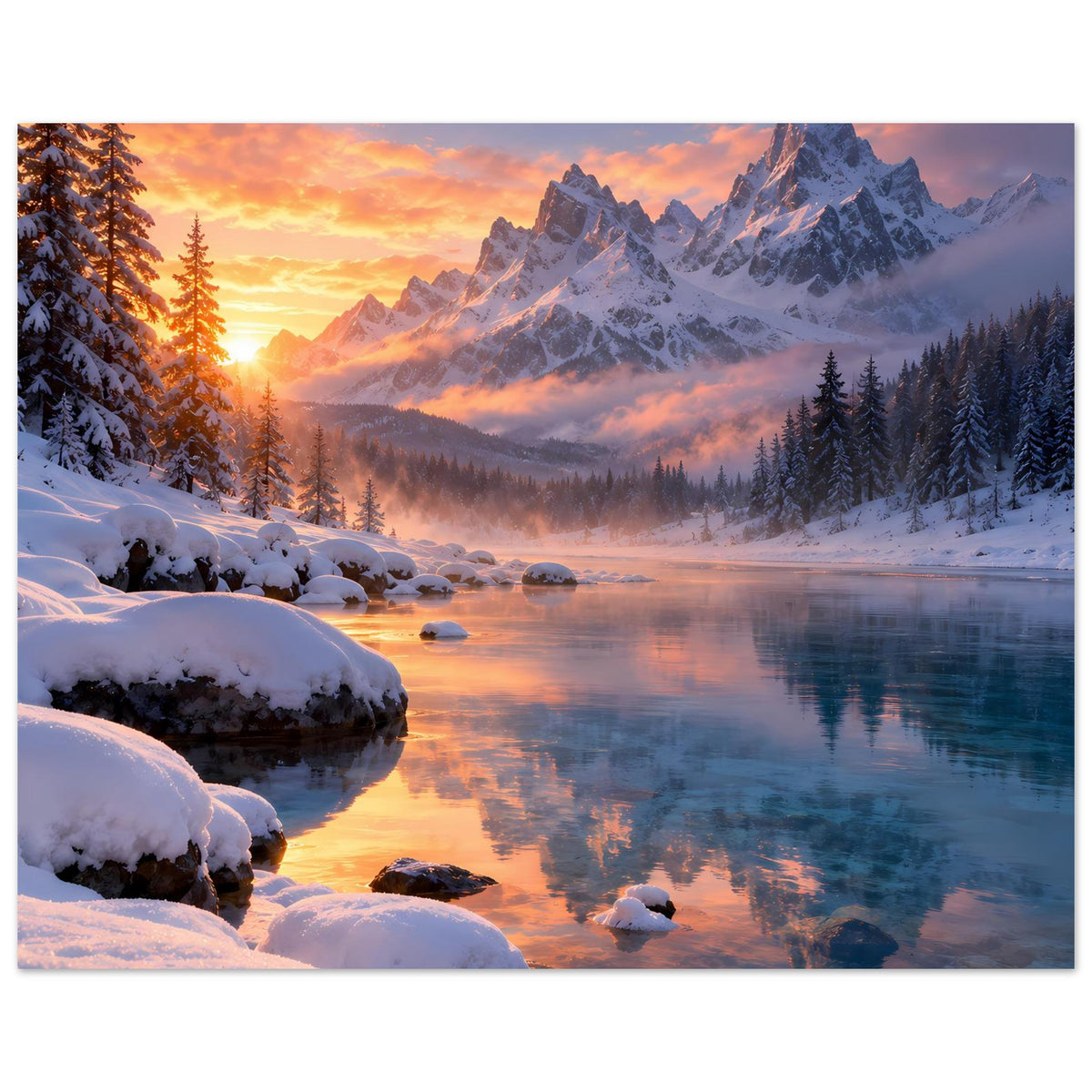 Winterlandschaft-Poster mit verschneitem Ufer, Bergen im Morgenlicht und spiegelndem Fluss, Querformat