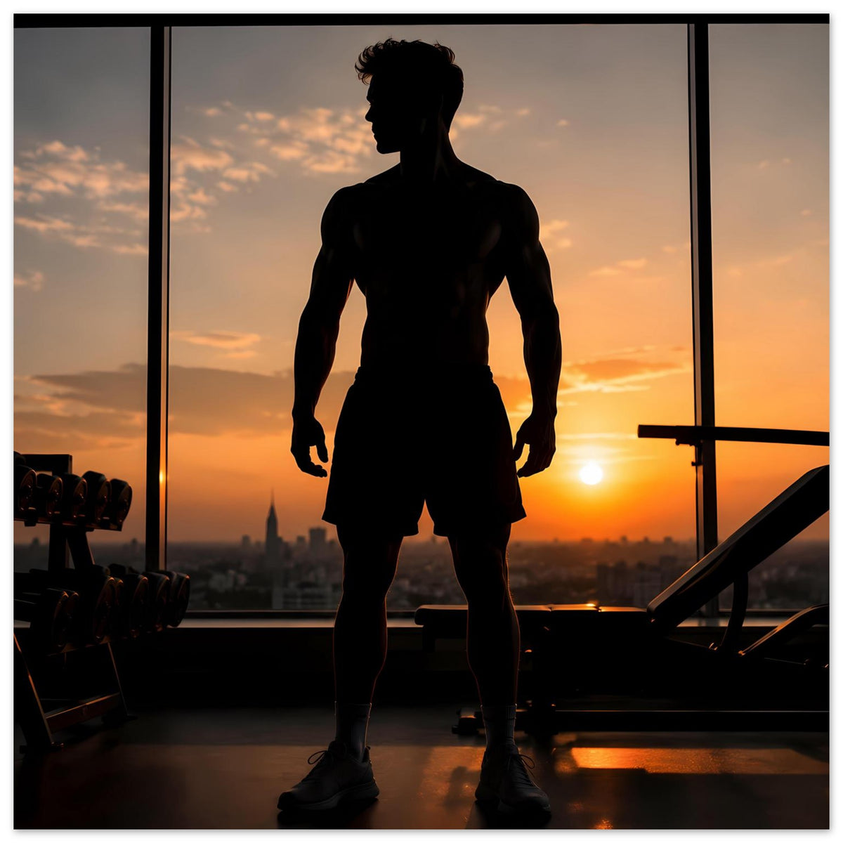 Fitness-Poster mit Sportler-Silhouette, ganzer Körper, seitlich, dunkle Silhouette