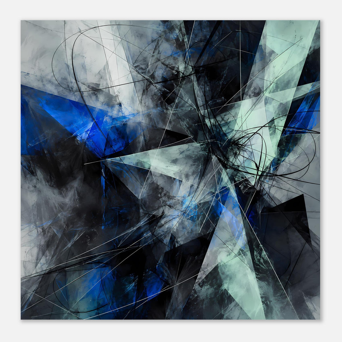 Abstraktes geometrisches Poster, quadratisch, Blau- und Türkisflächen mit feinen Linien