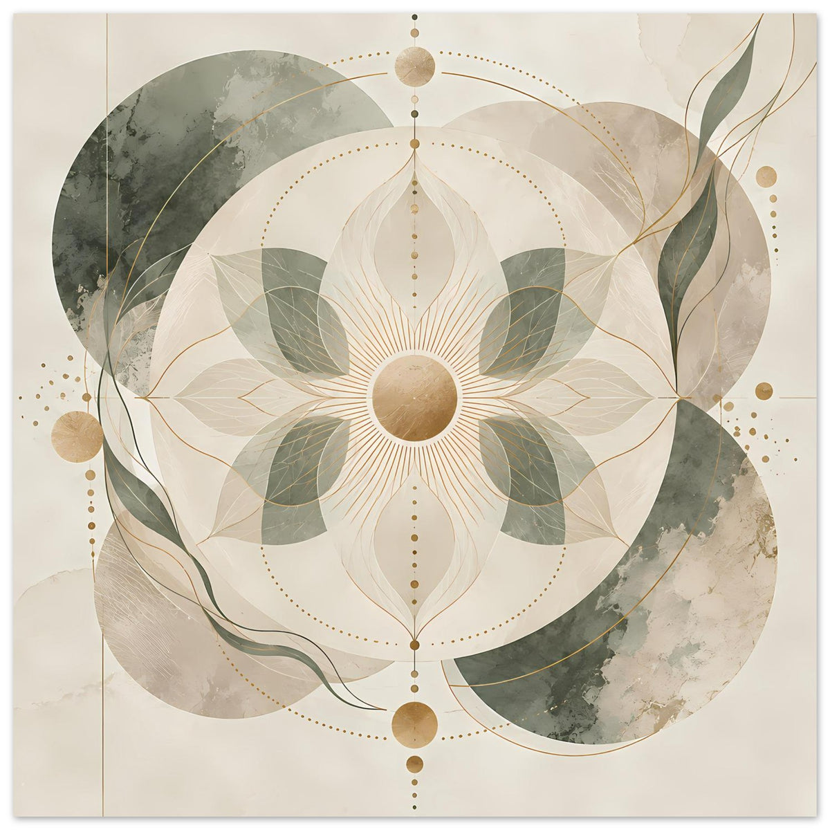 Zen-Poster mit Lotus-Mandala in Beige, gedämpftem Grün und goldenen Verzierungen