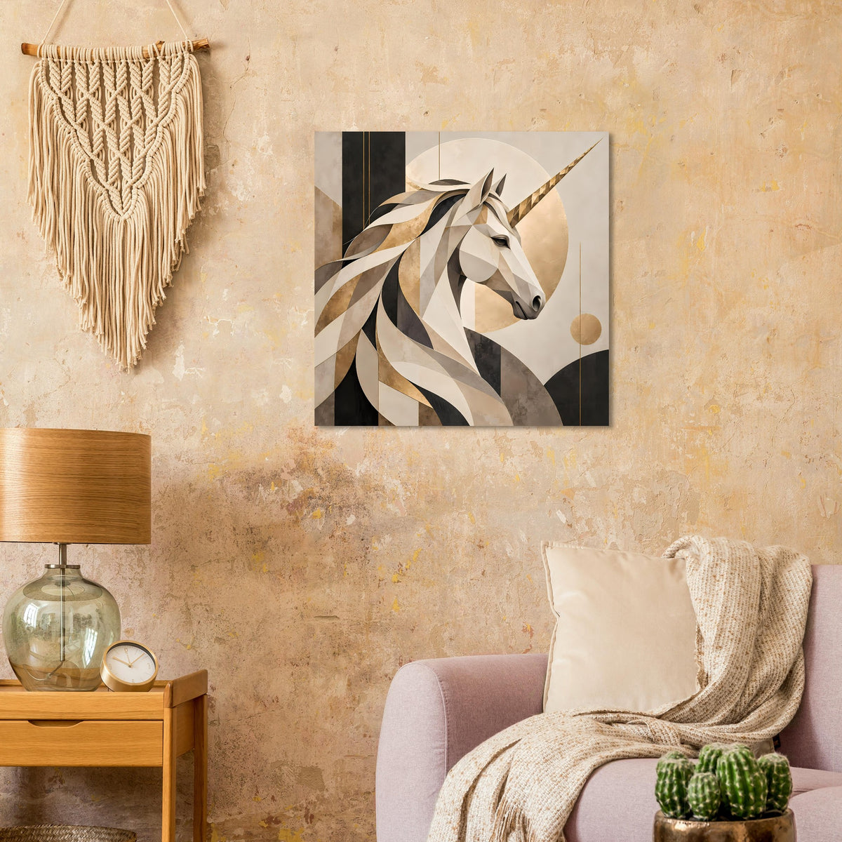 Rechteckiges Poster mit Einhorn-Porträt im geometrischen Beige-Schwarz-Design.
