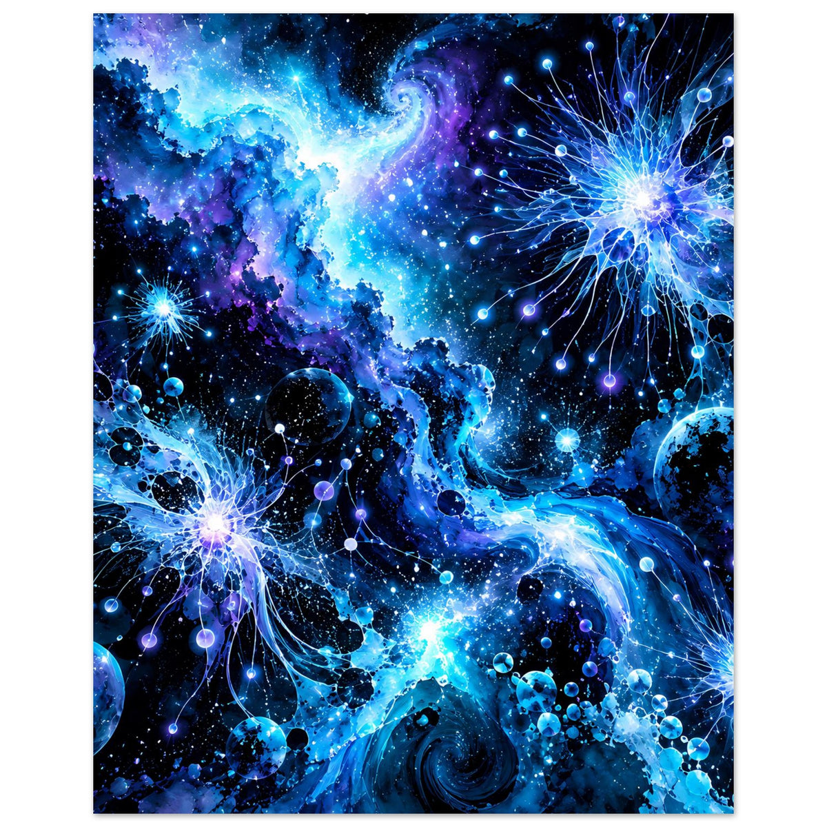 Leuchtendes galaktisches Poster: blau-violetter Weltraum mit Planeten, Sternen und Nebelwolken