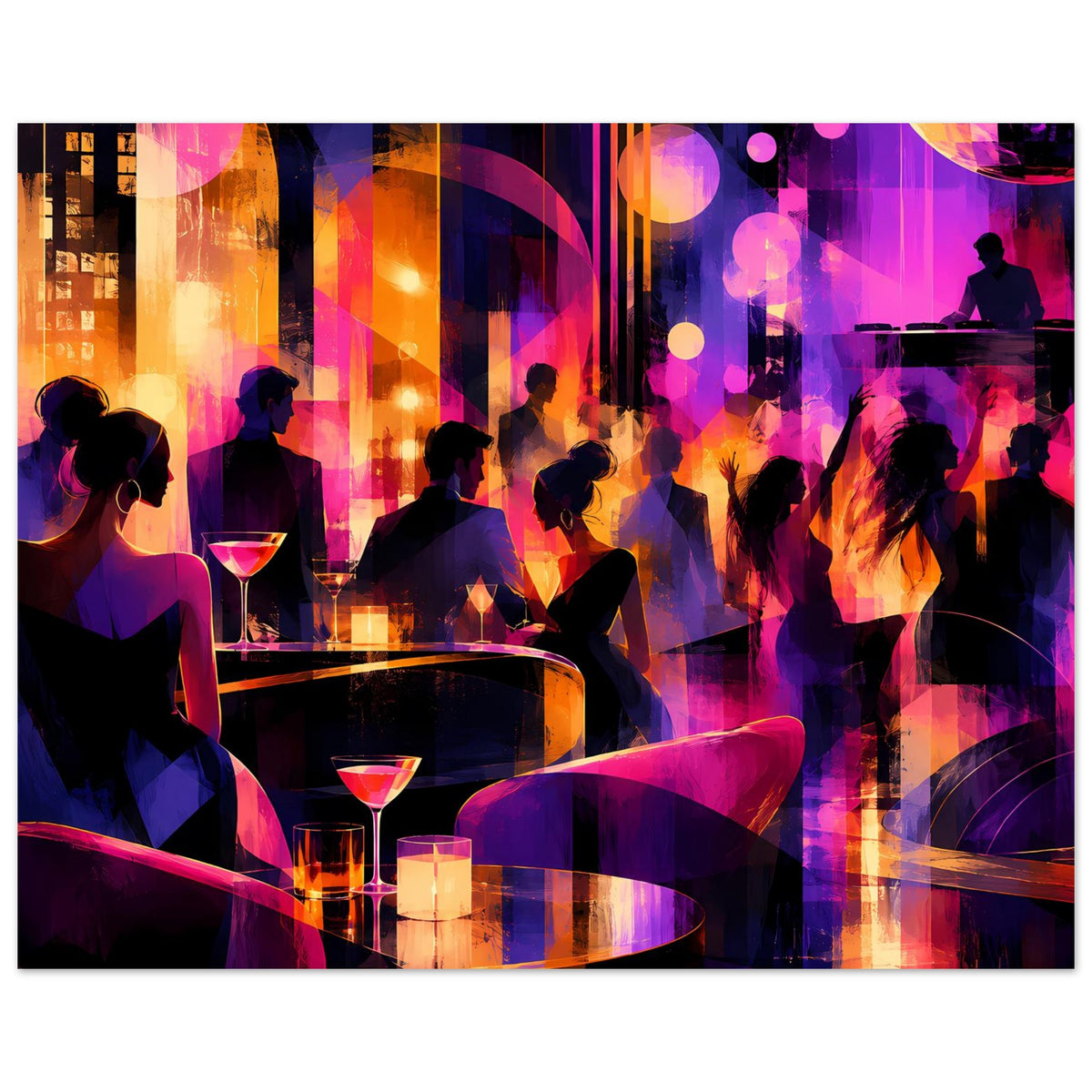 Querformat-Poster: Silhouetten im Nachtclub, Tische mit Cocktailgläsern, bunte Lichter