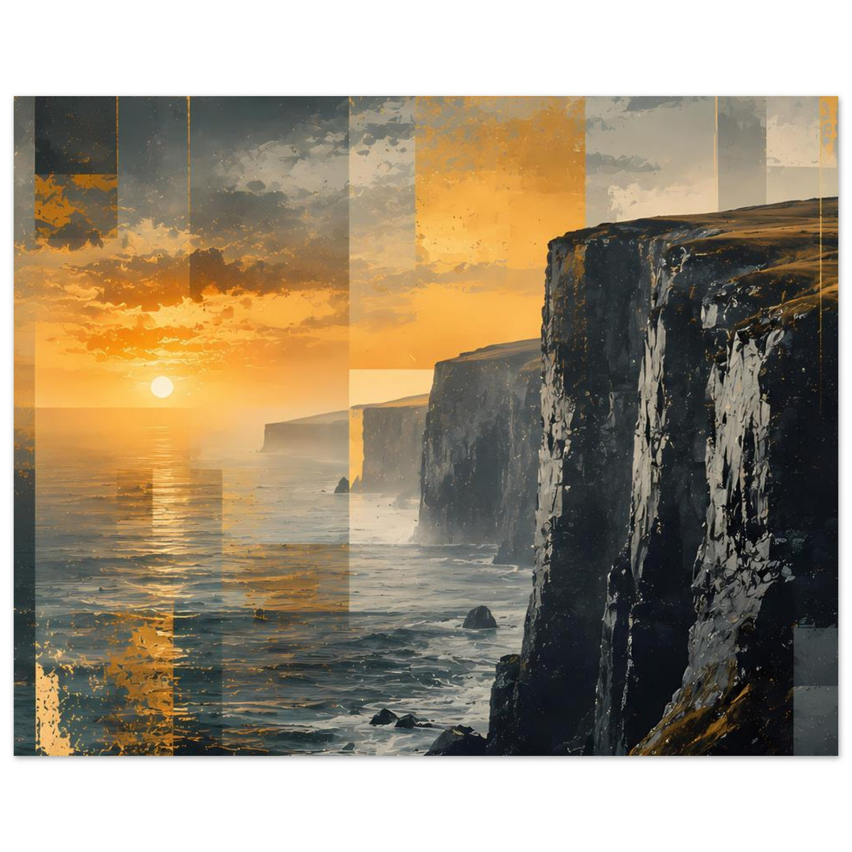 Poster im Querformat mit Sonnenuntergang, Meeresspiegel und dunklen Klippen am Rand