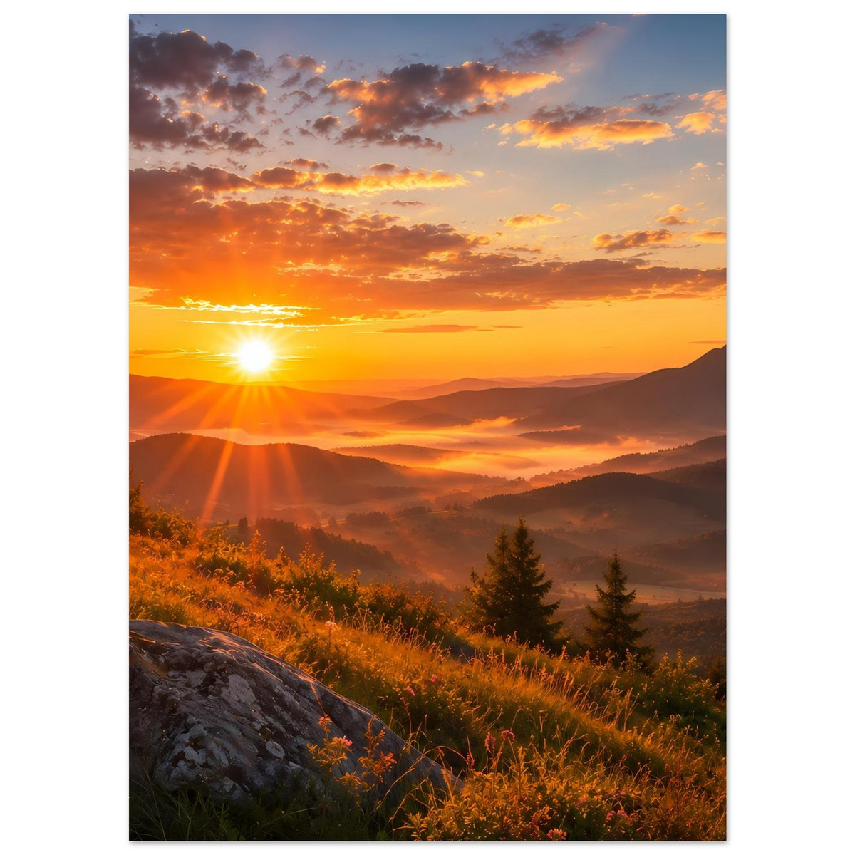 Landschaftsposter Hochformat: goldene Sonne, Wolken und Berge mit Tannen im Vordergrund