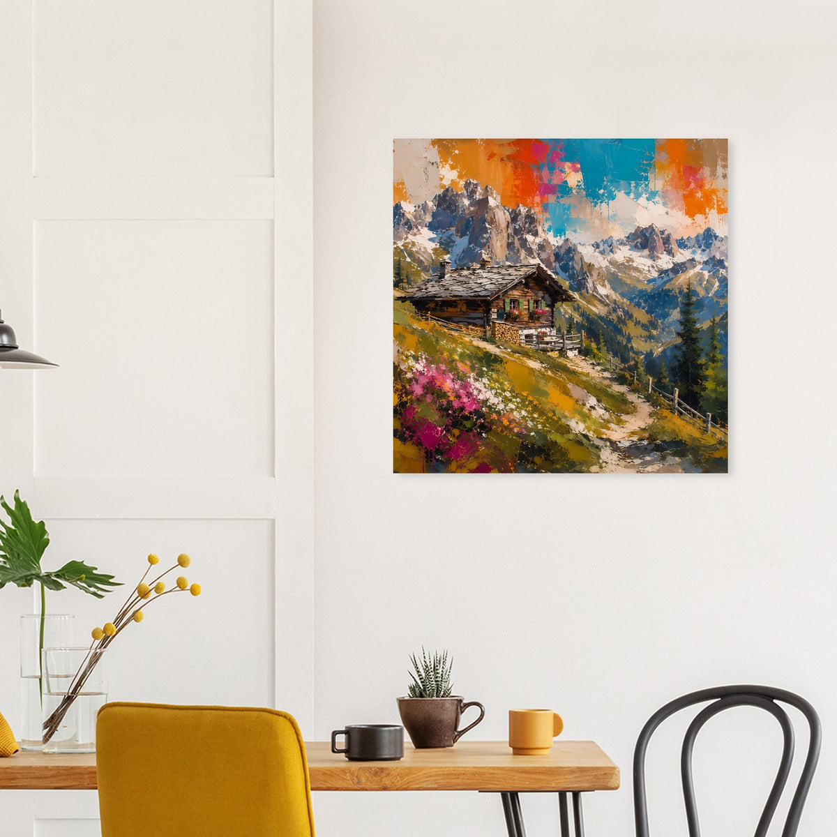 Rechteckiges Poster mit Hütte und Bergkette, kräftige Farbspritzer am Himmel