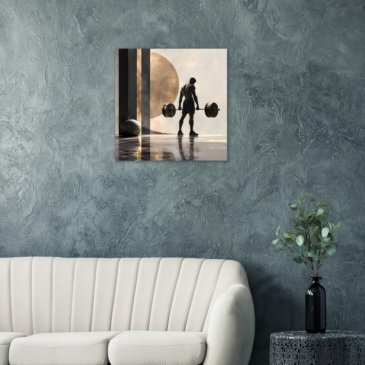 Krafttraining-Poster mit Silhouette beim Hantelheben, Spiegelung und goldener Halbkreisfläche