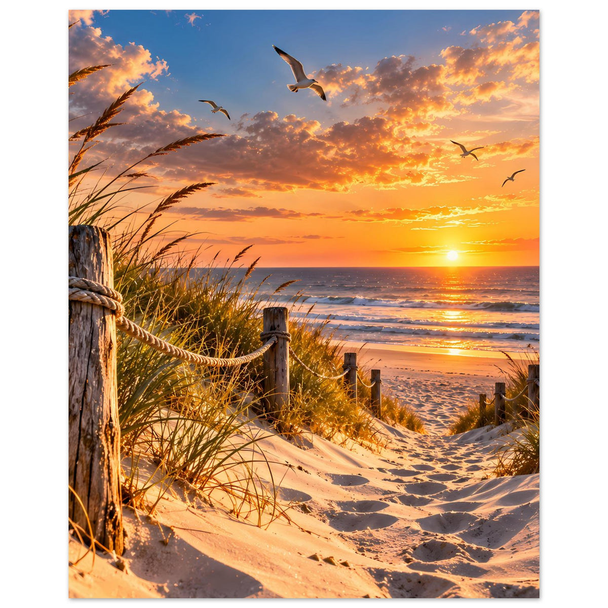 Hochkant-Strand-Poster mit Sonnenuntergang, Dünen und Schilf entlang eines Seilzauns