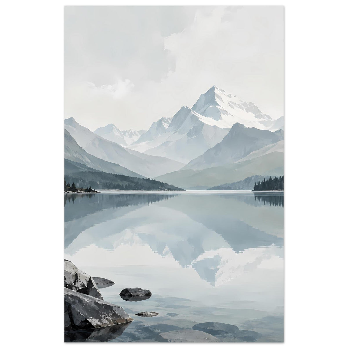 Kunstdruck mit Bergsee und spiegelnden Wolken, Fels am Ufer, vertikales Format
