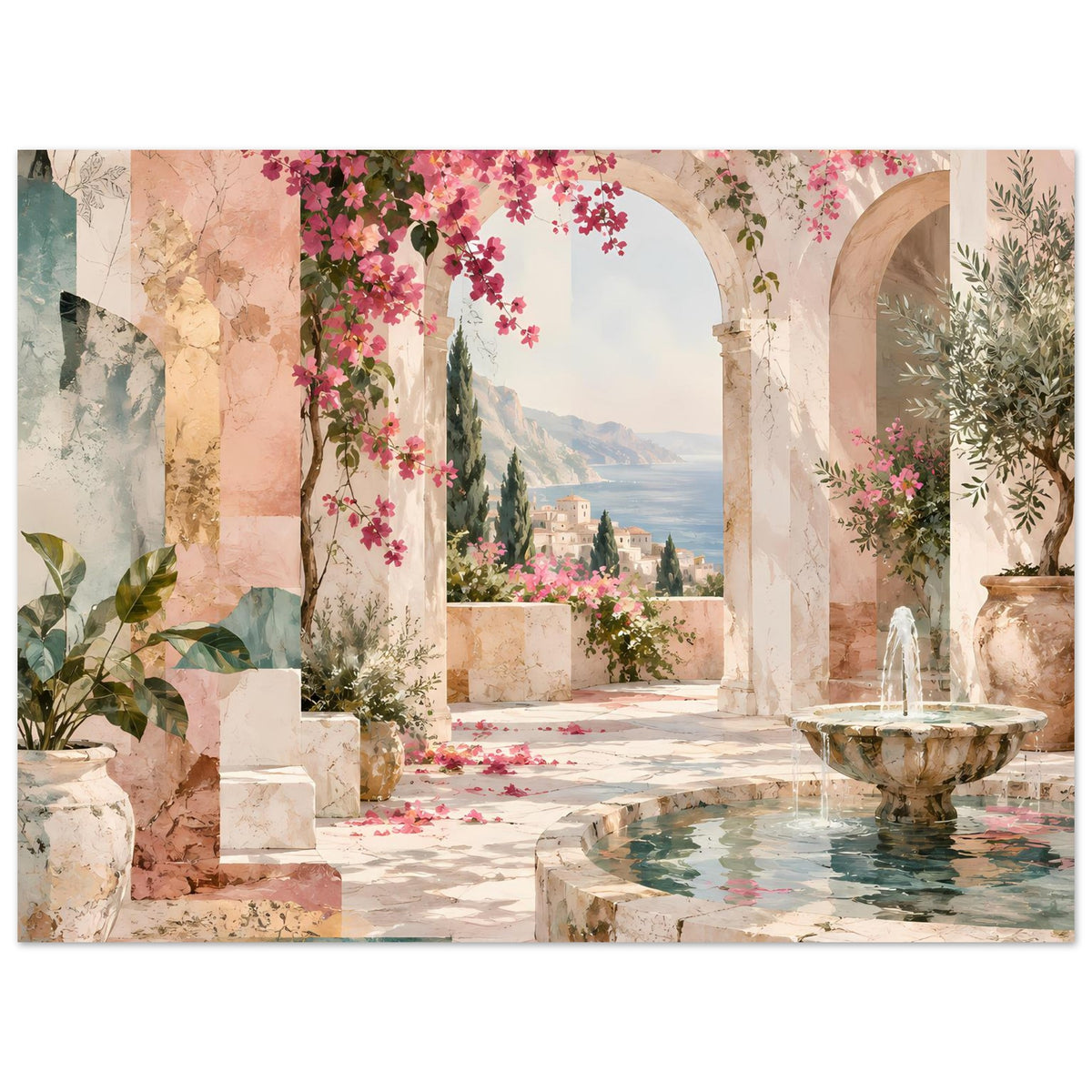Kunstposter mit Szene aus Arkaden, rosa Blüten an Wänden und Brunnenbecken rechts.
