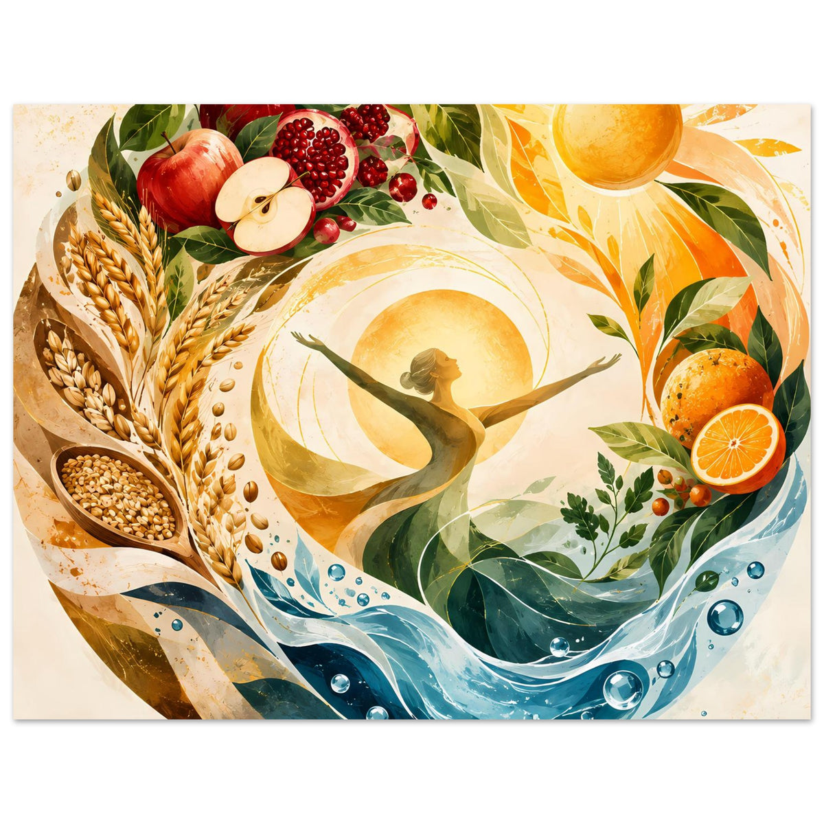 Poster mit Ernte-Motiven, Sonnenstrahlen, Obst und blauen Wassertröpfchen (Querformat)