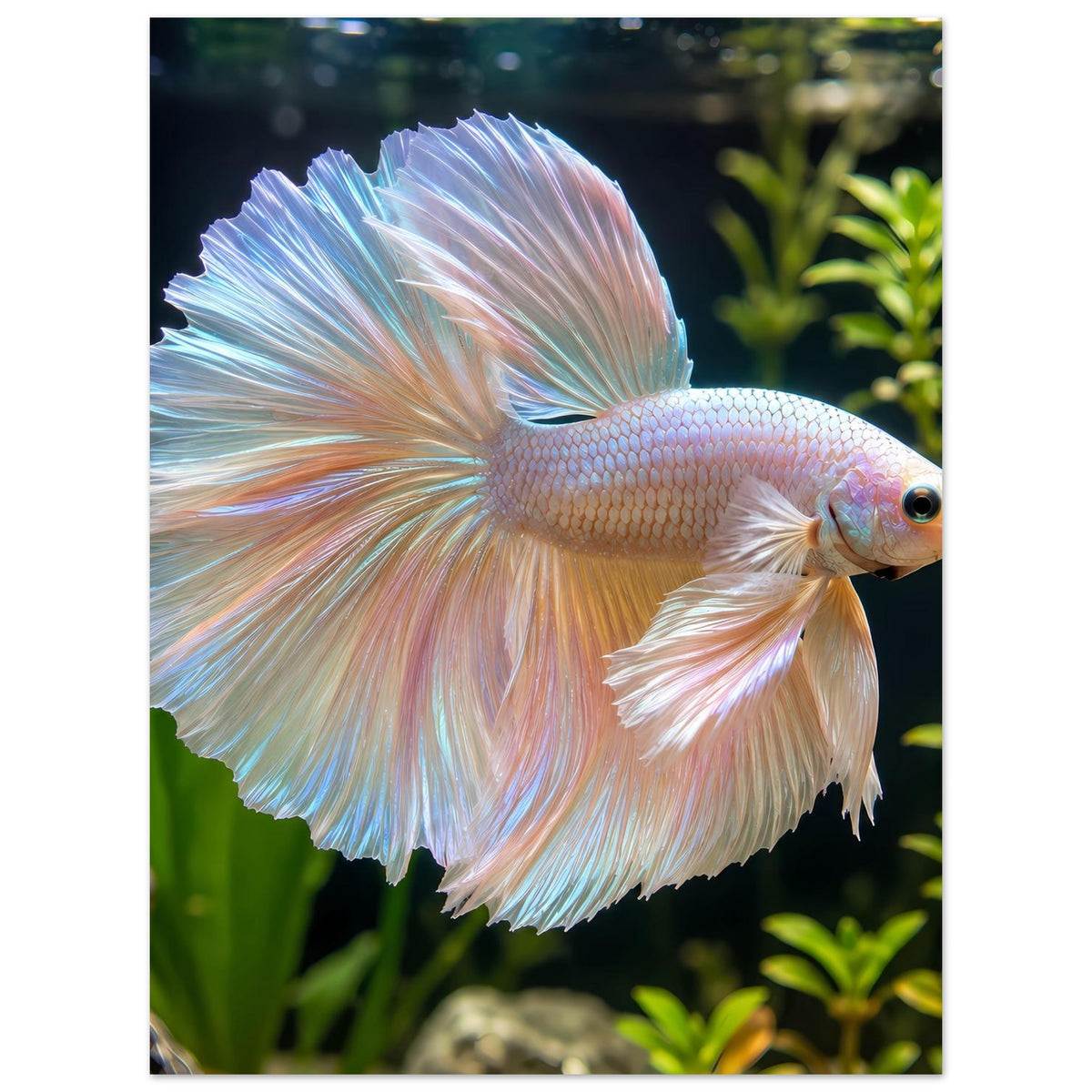 Schillerndes Betta-Fischmotiv: weit geöffnete Flossen, cremefarben mit rosa und blauem Touch