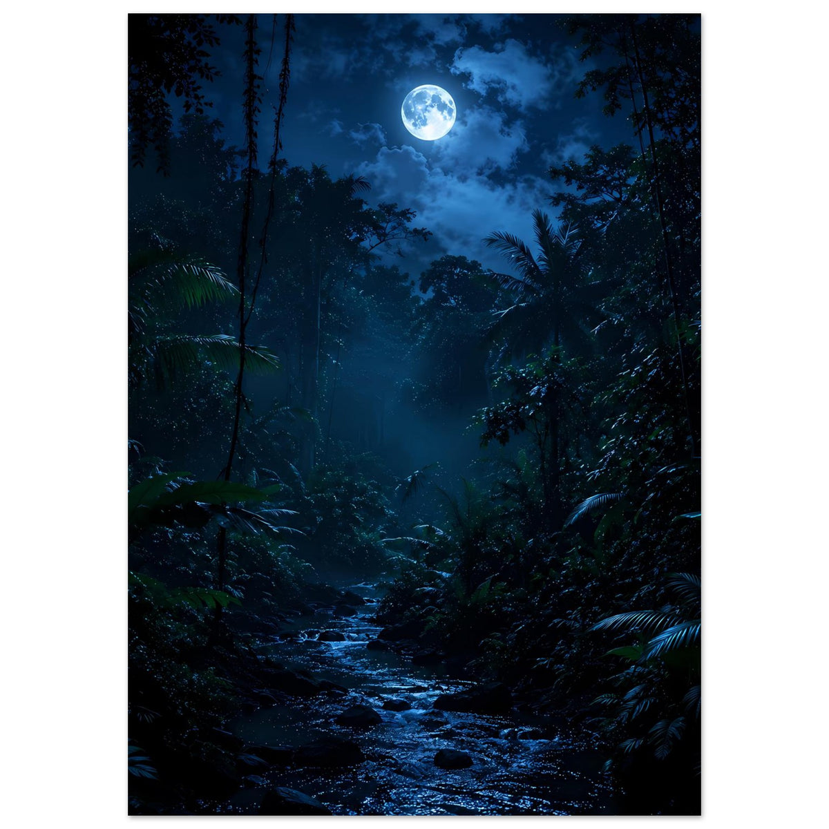 Poster im Hochformat mit tropischem Nachtwaldweg und hellem Vollmond