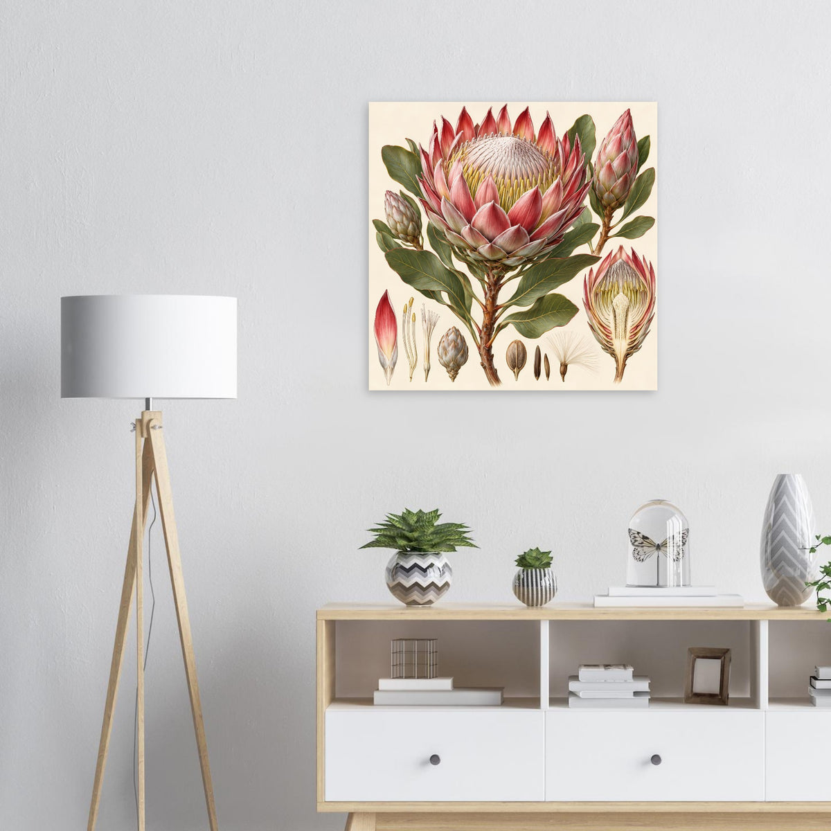 Quadratisches Poster mit Protea-Blüte und botanischen Blättern, Rot/Rosa/Grün
