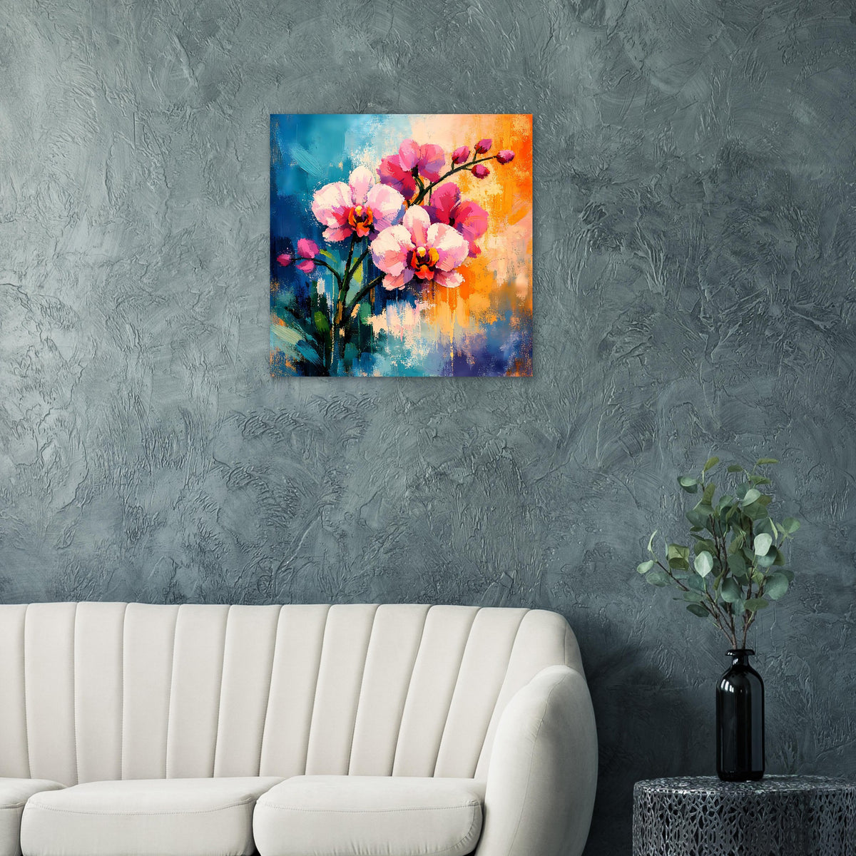 Quadratisches florales Poster mit pink-rosa Blüten auf blau-grauem Hintergrund